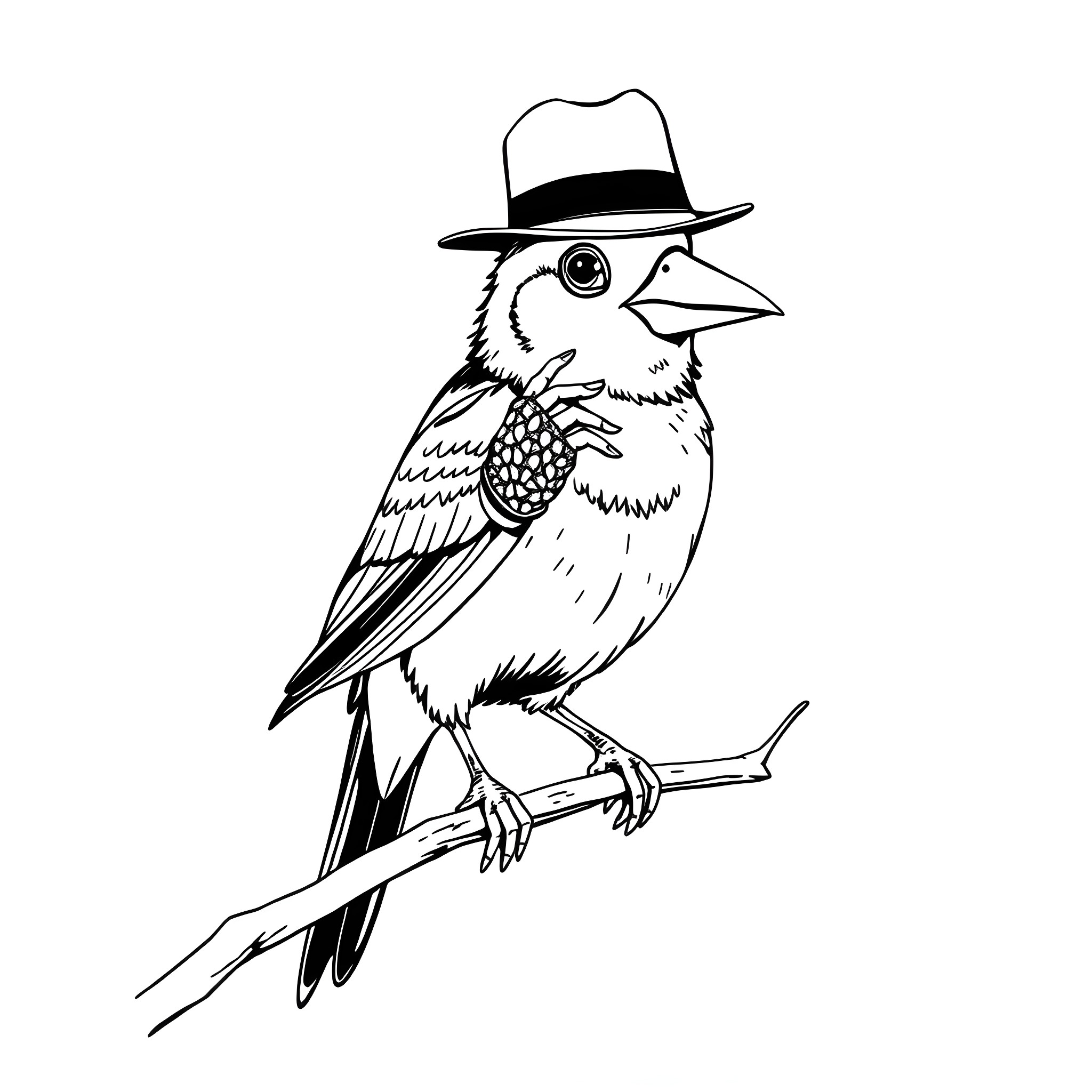 Bird wearing a fashionable hat on a branch Coloring Page (free black-and-white line drawing printable PDF for all, from beginners to advanced learners, including children, teens, adults, and seniors)