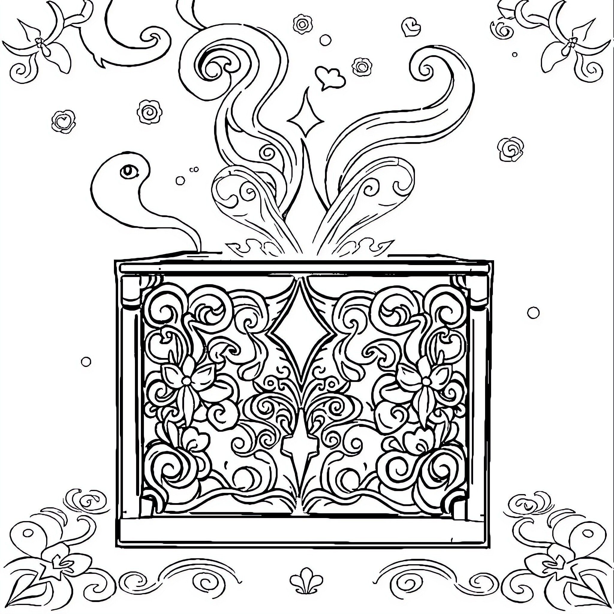 Magic Box of Whimsical Patterns and Flourishes Coloring Page (free black-and-white line drawing printable PDF for all, from beginners to advanced learners, including children, teens, adults, and seniors)
