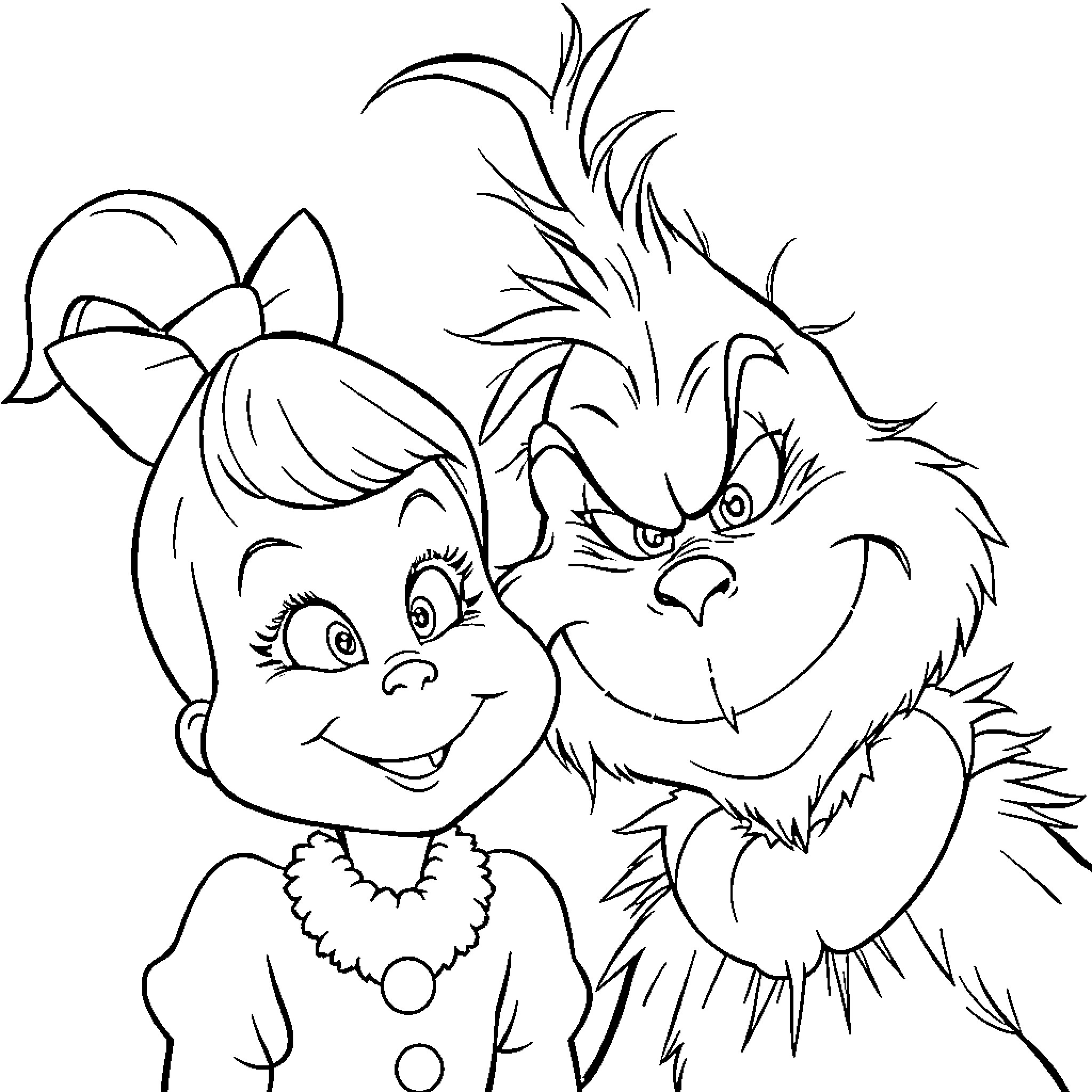 Cindy Lou Who and the Grinch in a whimsical scene Coloring Page (free black-and-white line drawing printable PDF for all, from beginners to advanced learners, including children, teens, adults, and seniors)