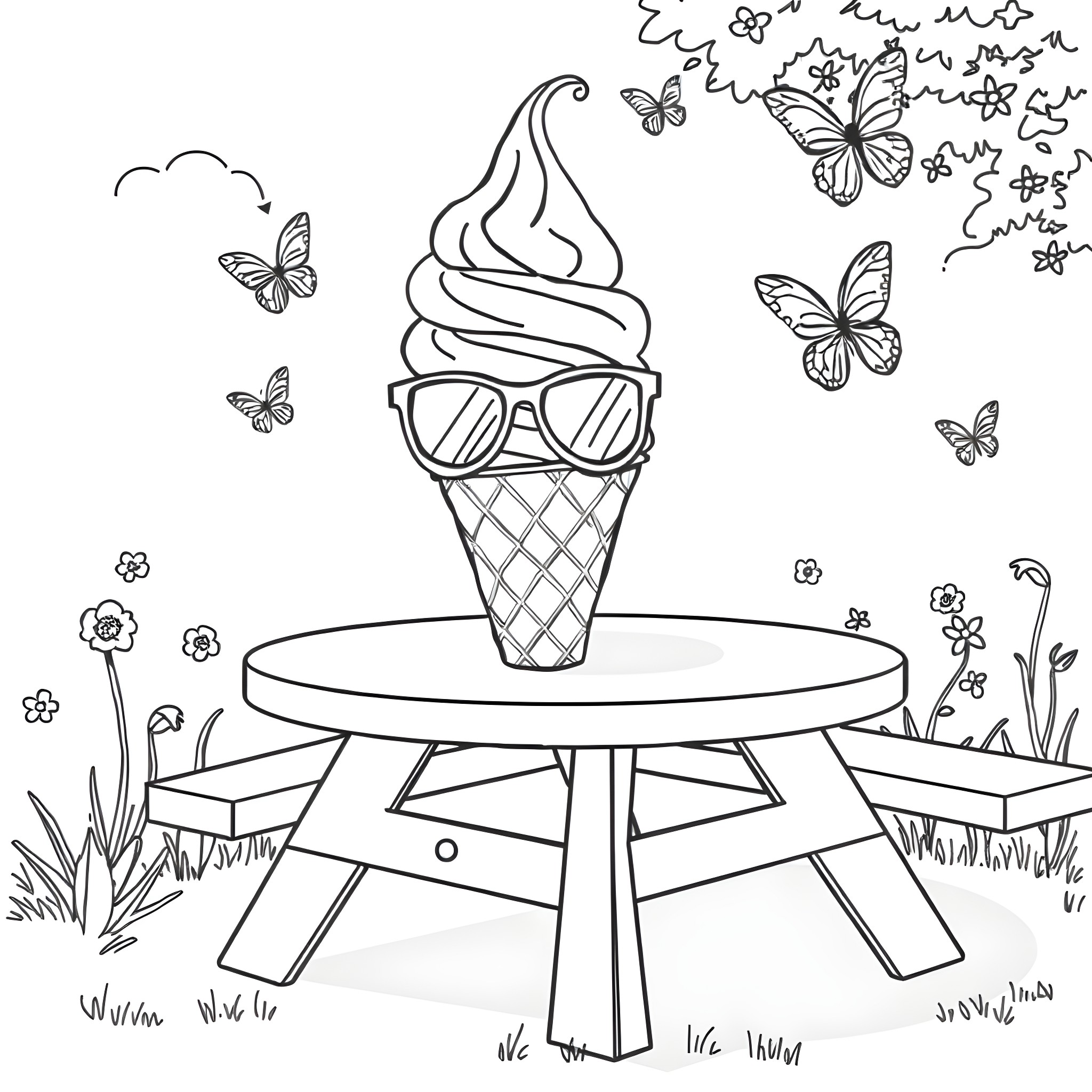 Ice Cream Cone Enjoying Sunny Day with Butterflies Coloring Page (free black-and-white line drawing printable PDF for all, from beginners to advanced learners, including children, teens, adults, and seniors)