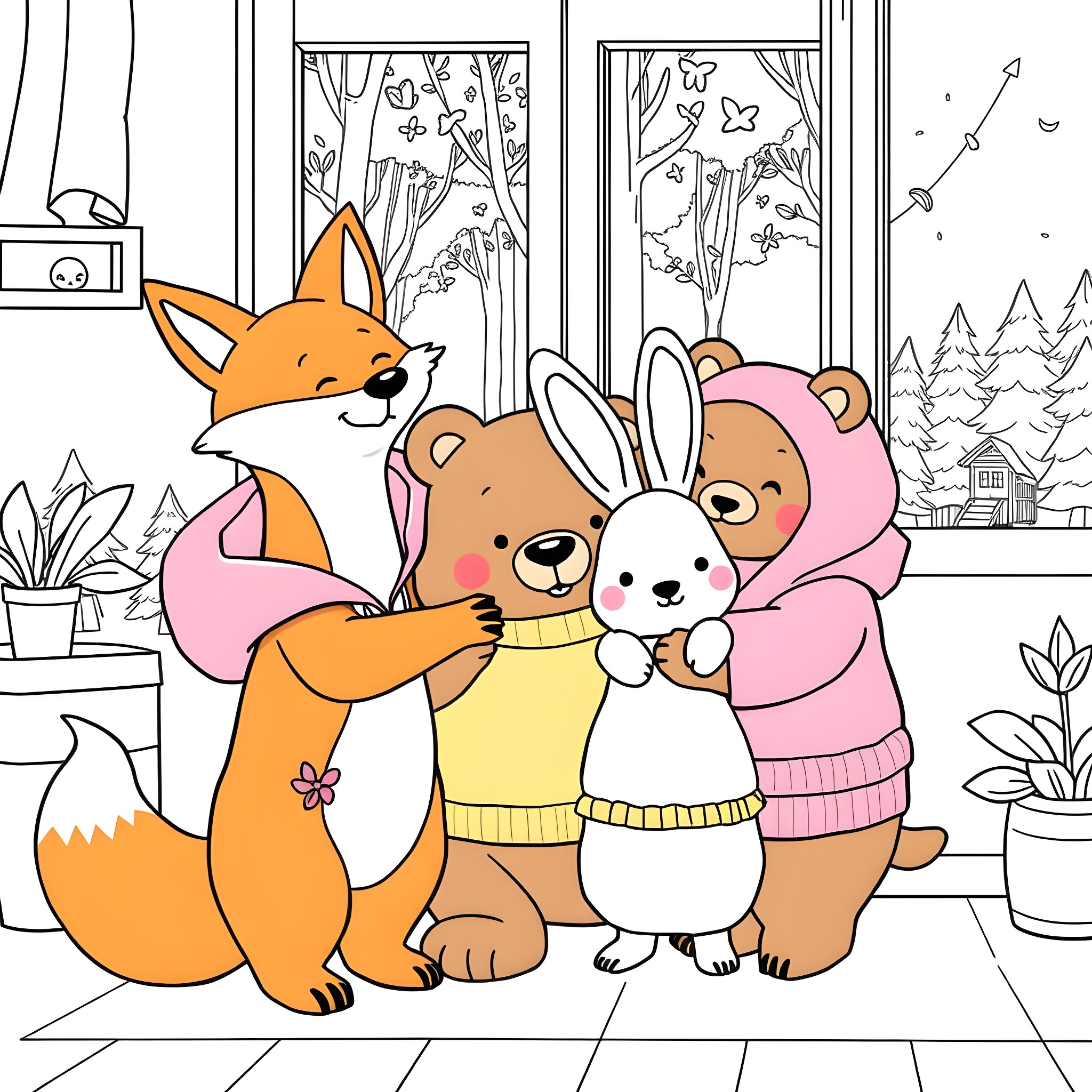 Animal Friends Gather for Cozy Playtime Coloring Page (free black-and-white line drawing printable PDF for all, from beginners to advanced learners, including children, teens, adults, and seniors)