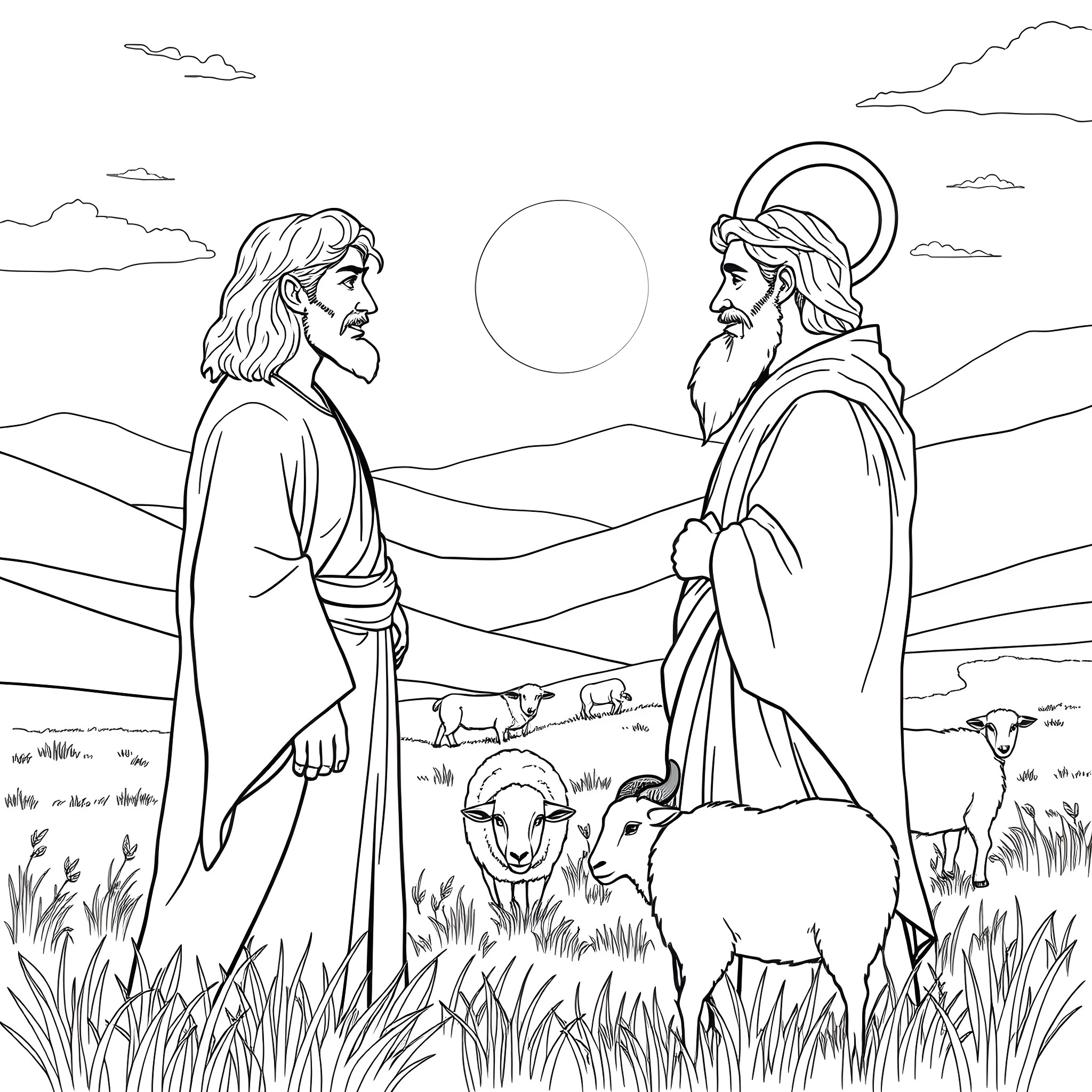 Jacob and Esau - Brothers reunite in the desert Coloring Page (free black-and-white line drawing printable PDF for all, from beginners to advanced learners, including children, teens, adults, and seniors)