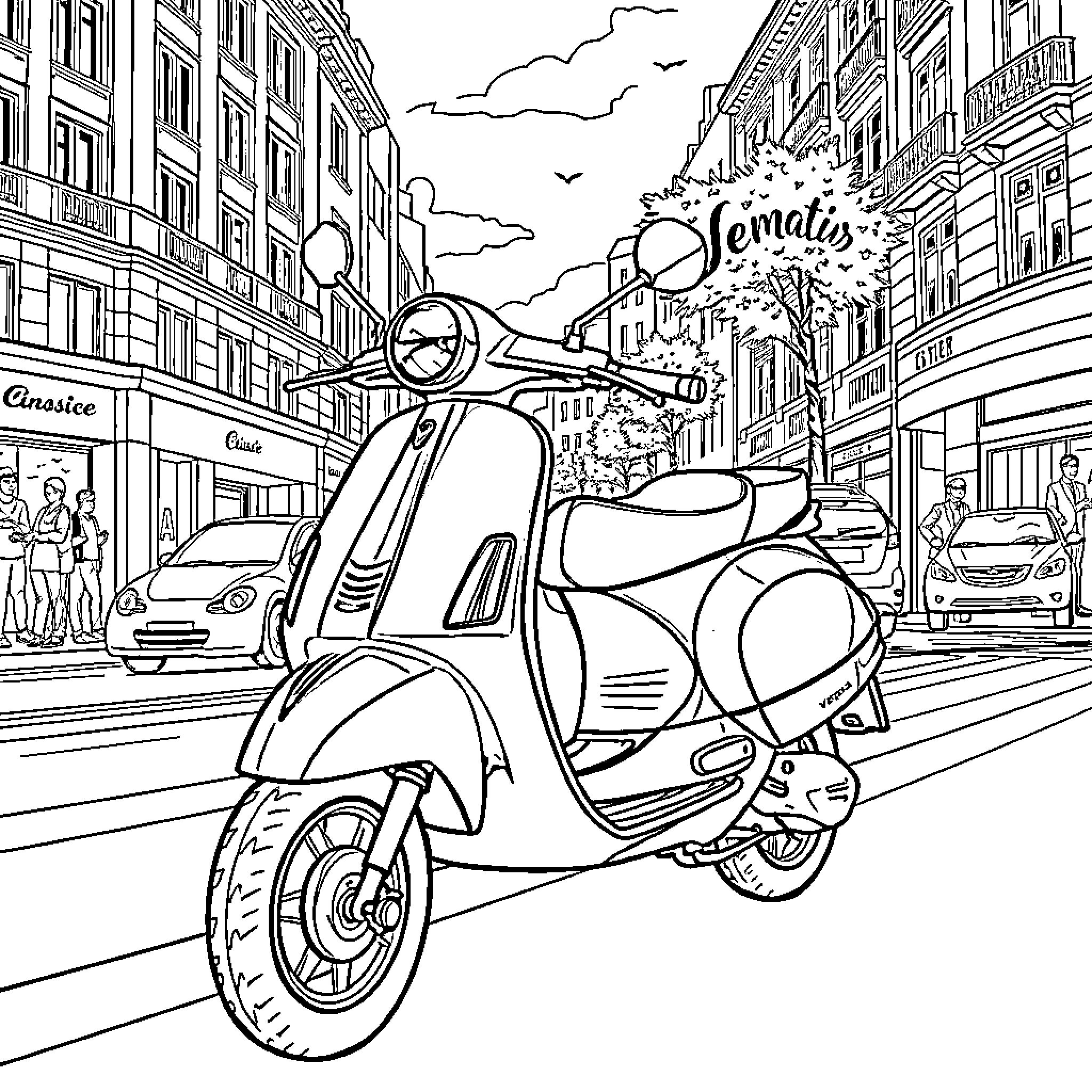 Vespa scooter on a bustling city street Coloring Page (free black-and-white line drawing printable PDF for all, from beginners to advanced learners, including children, teens, adults, and seniors)