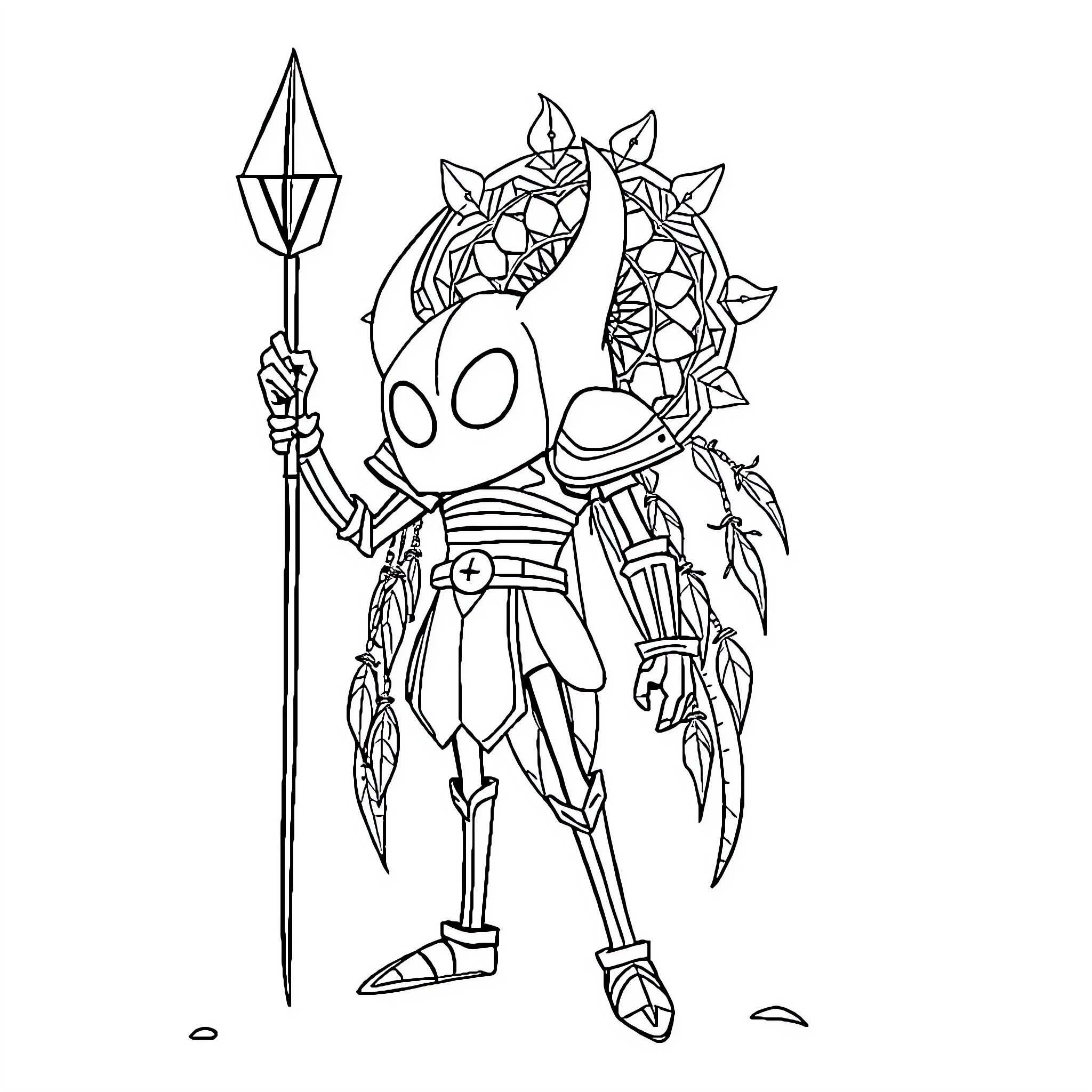 Hollow Knight warrior with spear and floral crown Coloring Page (free black-and-white line drawing printable PDF for all, from beginners to advanced learners, including children, teens, adults, and seniors)