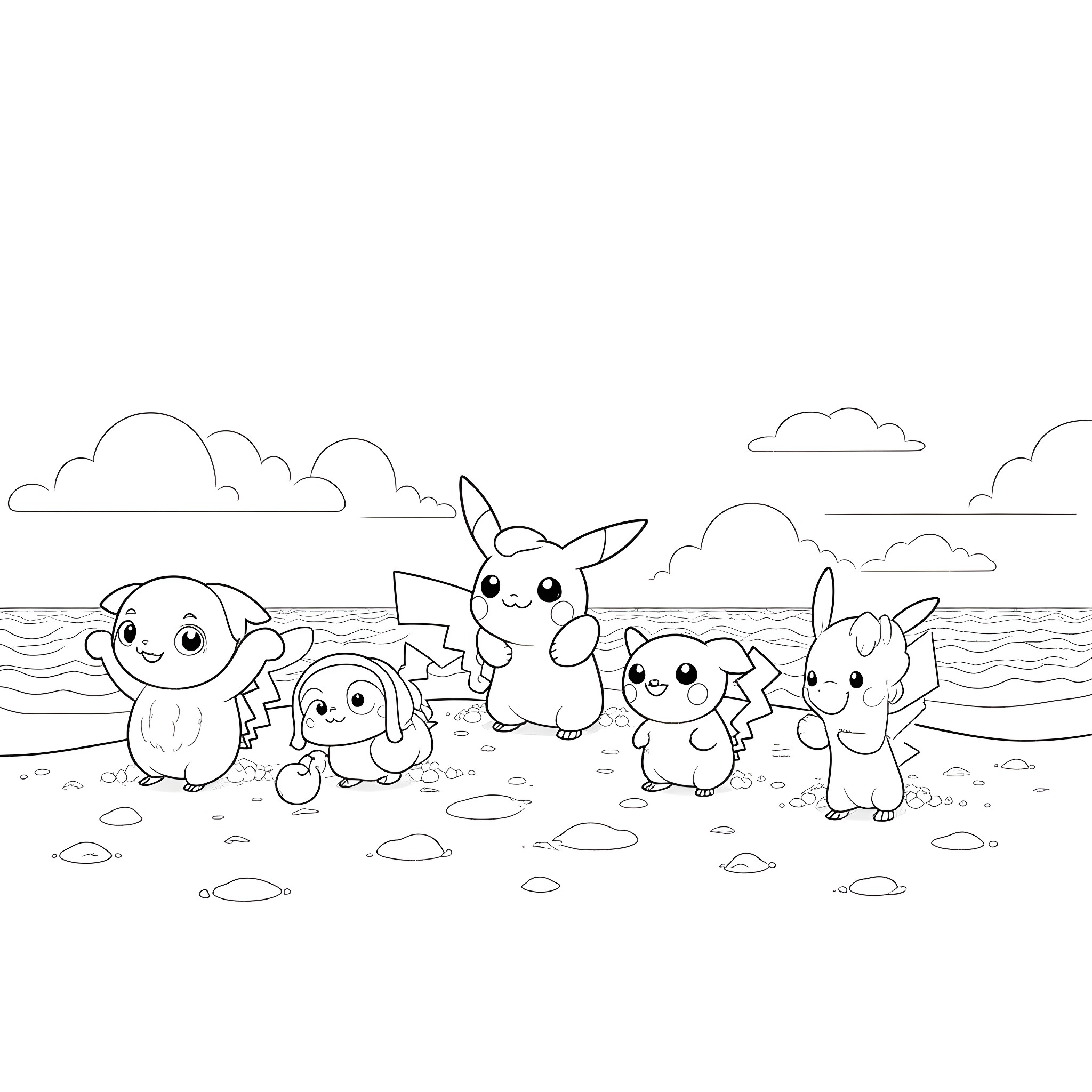 Pokémon characters playing happily on the beach Coloring Page (free black-and-white line drawing printable PDF for all, from beginners to advanced learners, including children, teens, adults, and seniors)