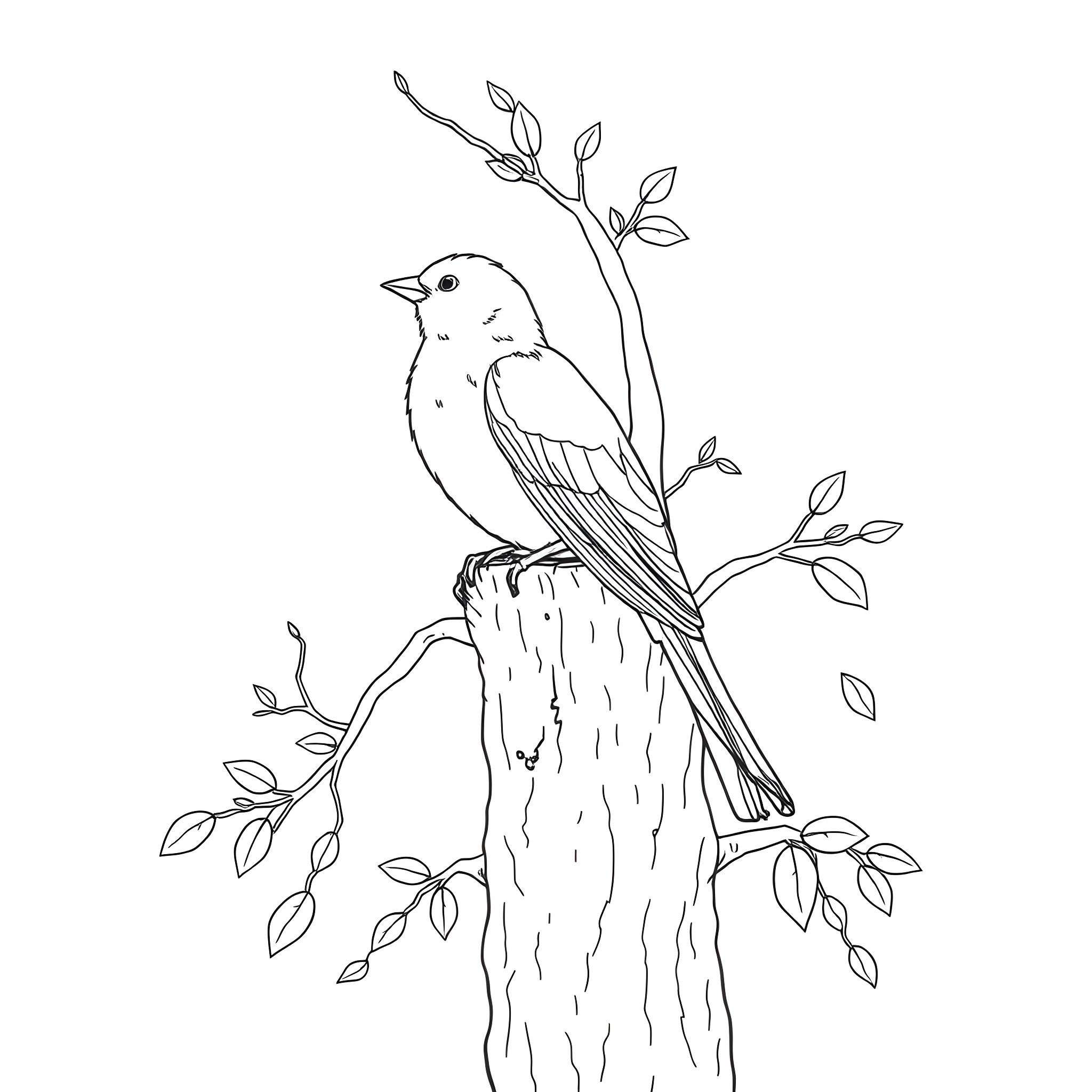 Saffron Finch perched on branch with leaves Coloring Page (free black-and-white line drawing printable PDF for all, from beginners to advanced learners, including children, teens, adults, and seniors)