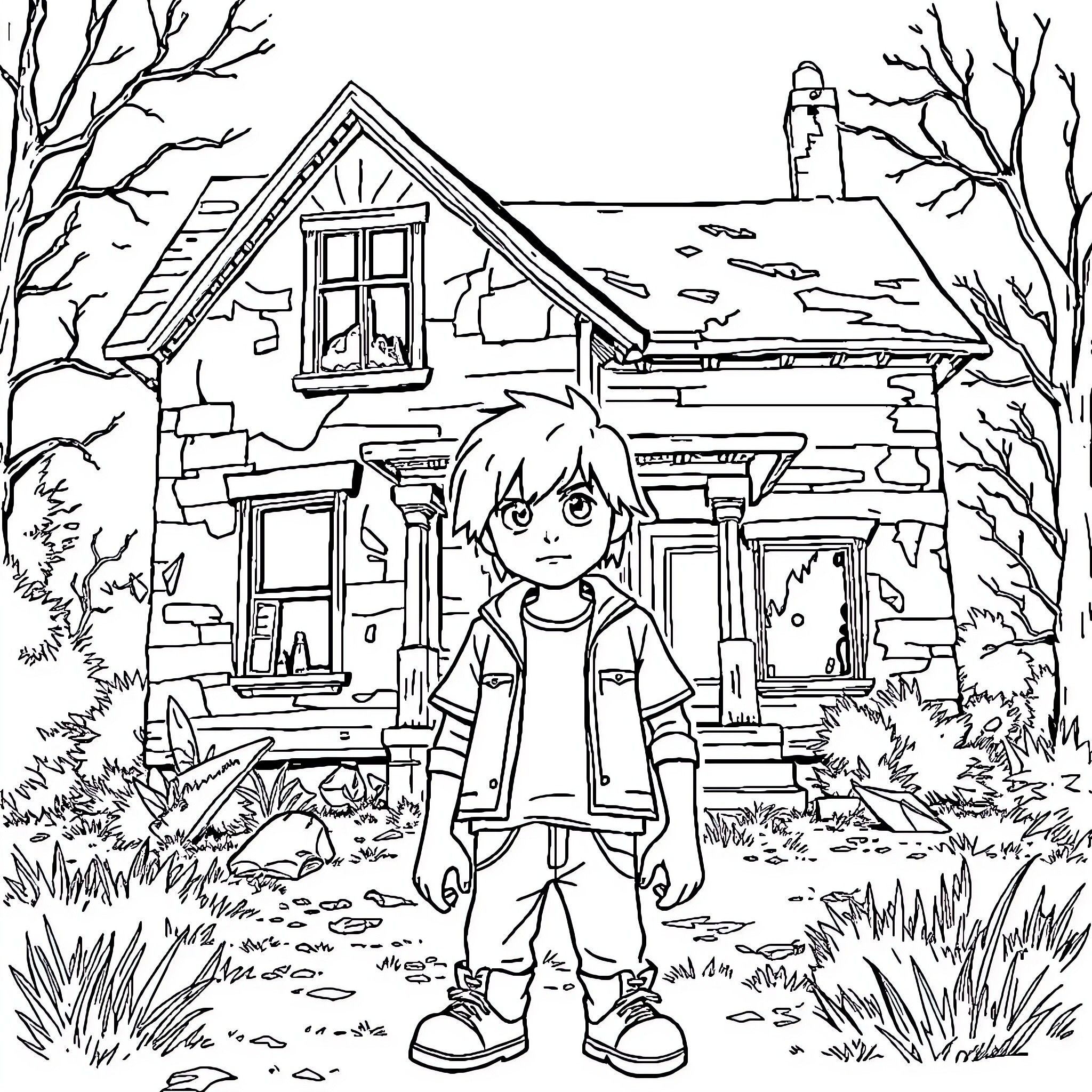 Max's Adventure in the Enchanted Cottage Coloring Page (free black-and-white line drawing printable PDF for all, from beginners to advanced learners, including children, teens, adults, and seniors)