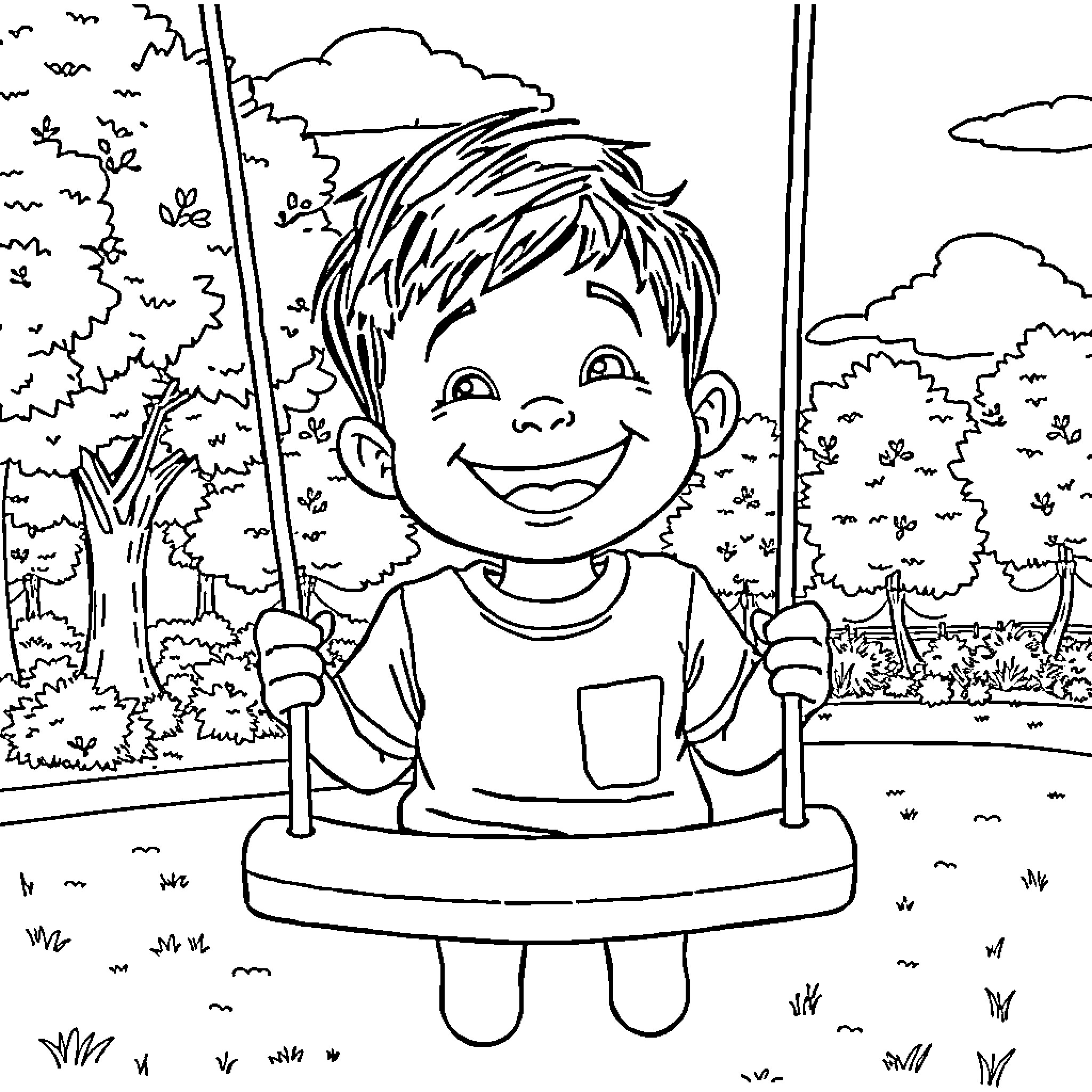 Kid enjoying playground swing in nature Coloring Page (free black-and-white line drawing printable PDF for all, from beginners to advanced learners, including children, teens, adults, and seniors)
