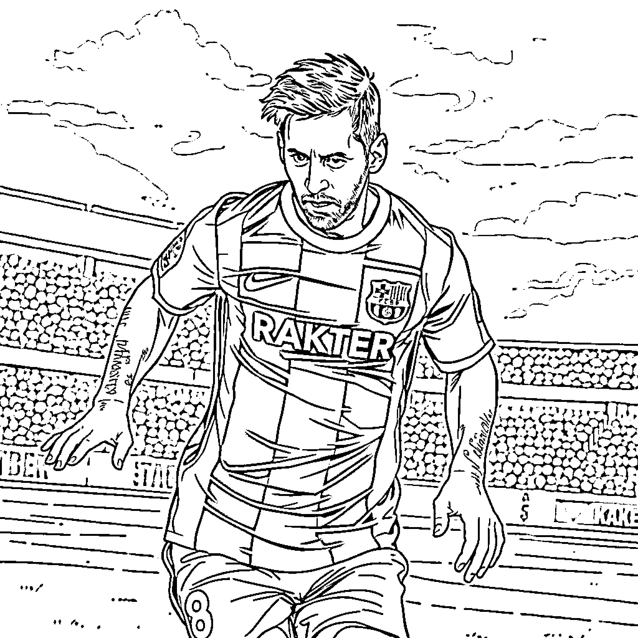 Messi in action on the field Coloring Page (free black-and-white line drawing printable PDF for all, from beginners to advanced learners, including children, teens, adults, and seniors)