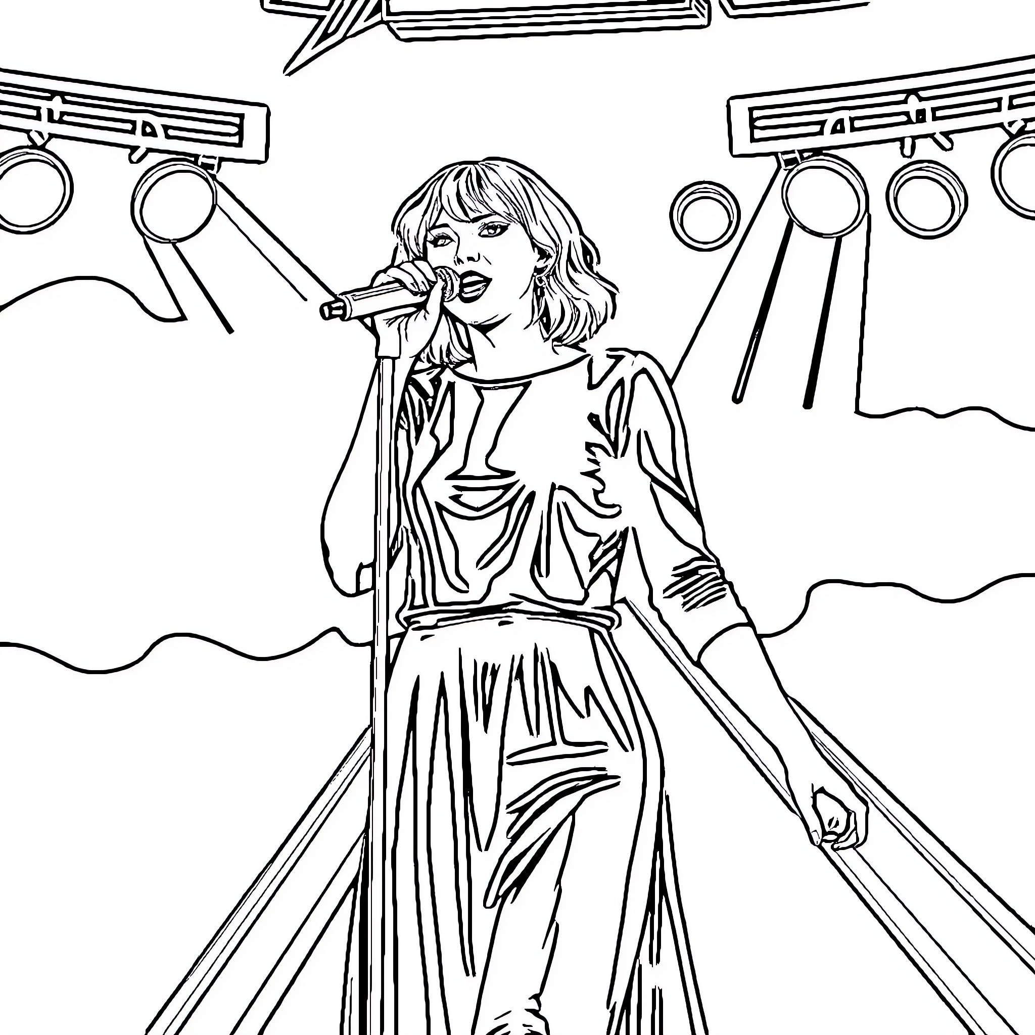 Taylor Swift performing on stage with spotlights Coloring Page (free black-and-white line drawing printable PDF for all, from beginners to advanced learners, including children, teens, adults, and seniors)