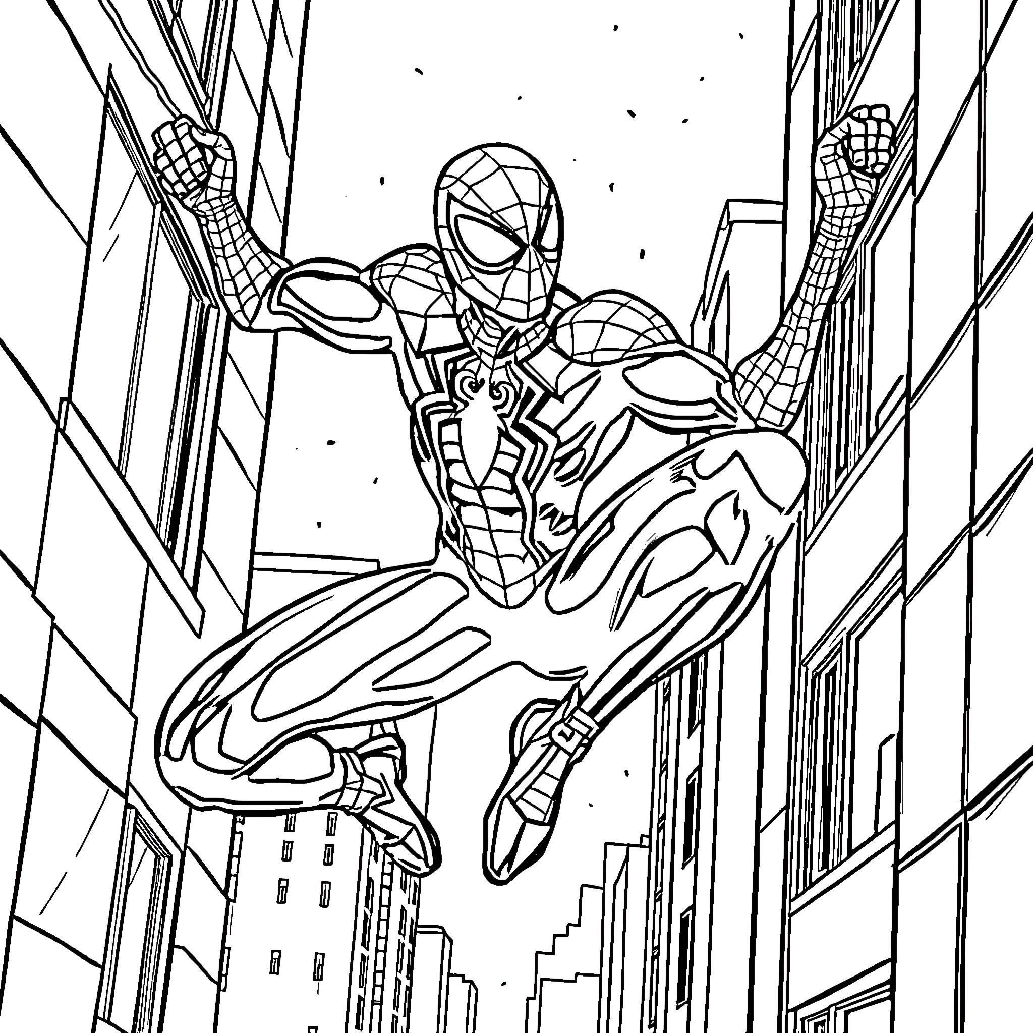 Spiderman Swinging Heroically Through the City Coloring Page (free black-and-white line drawing printable PDF for all, from beginners to advanced learners, including children, teens, adults, and seniors)