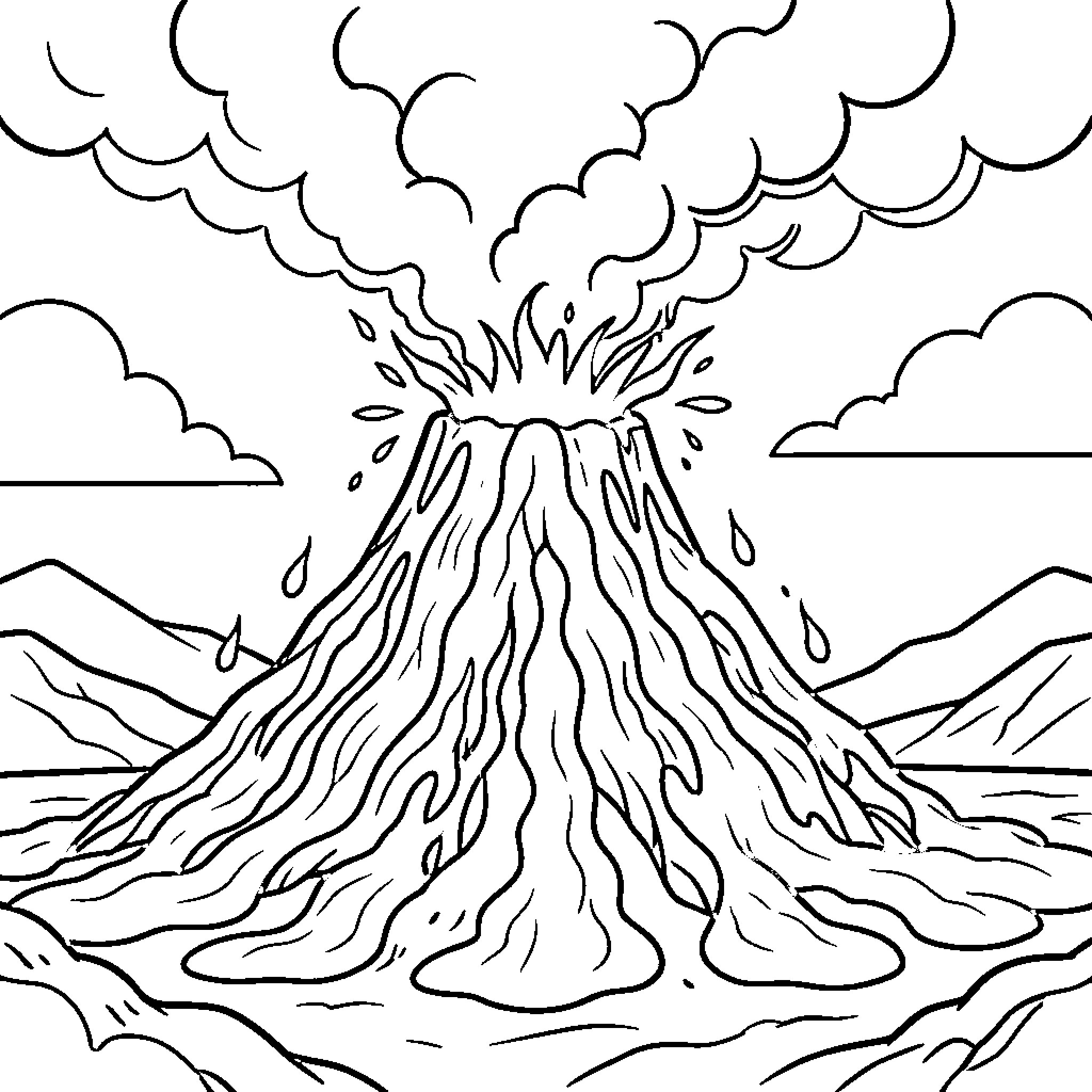 Volcano erupting with dramatic clouds Coloring Page (free black-and-white line drawing printable PDF for all, from beginners to advanced learners, including children, teens, adults, and seniors)