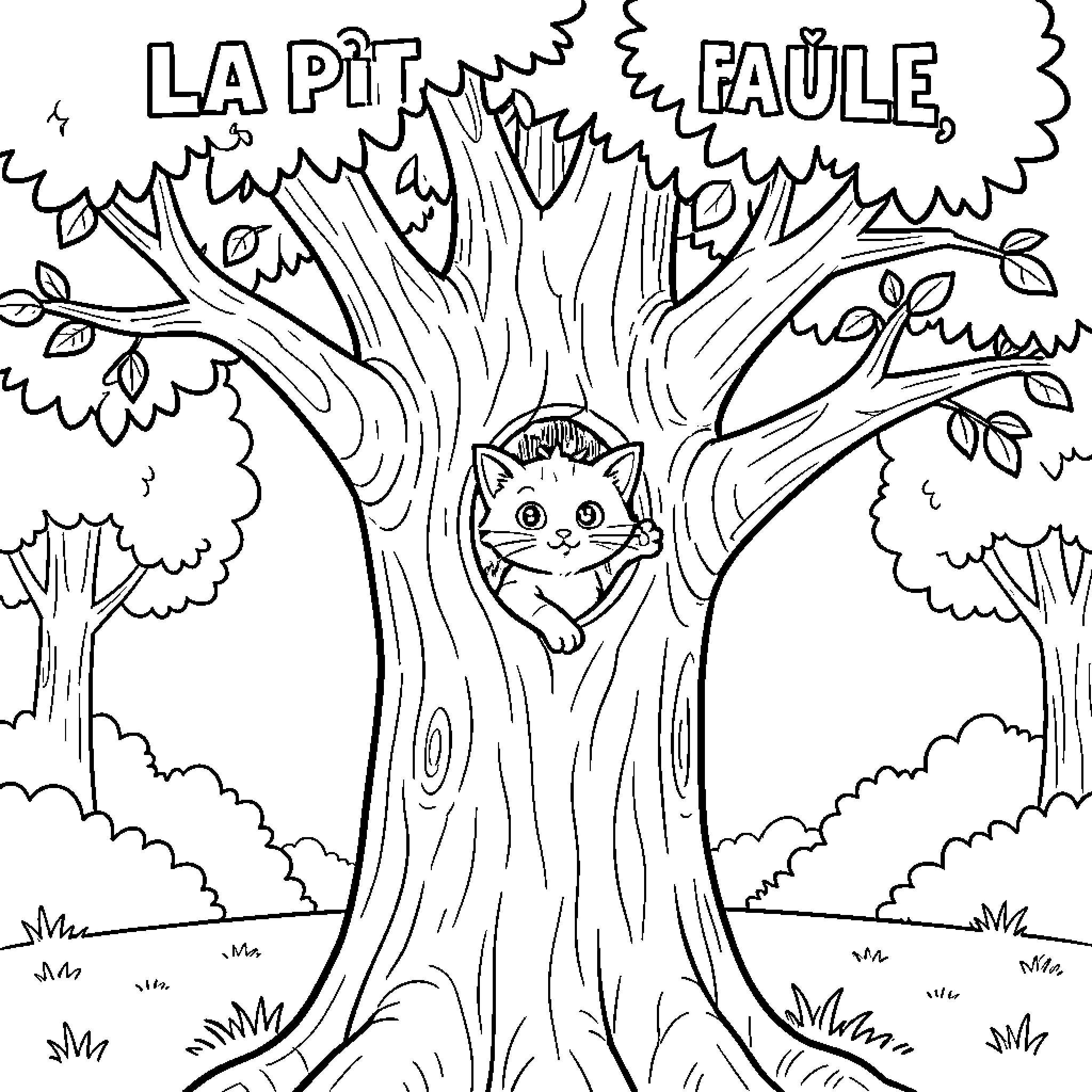 Patrouille of a cute cat peering from a tree hollow Coloring Page (free black-and-white line drawing printable PDF for all, from beginners to advanced learners, including children, teens, adults, and seniors)