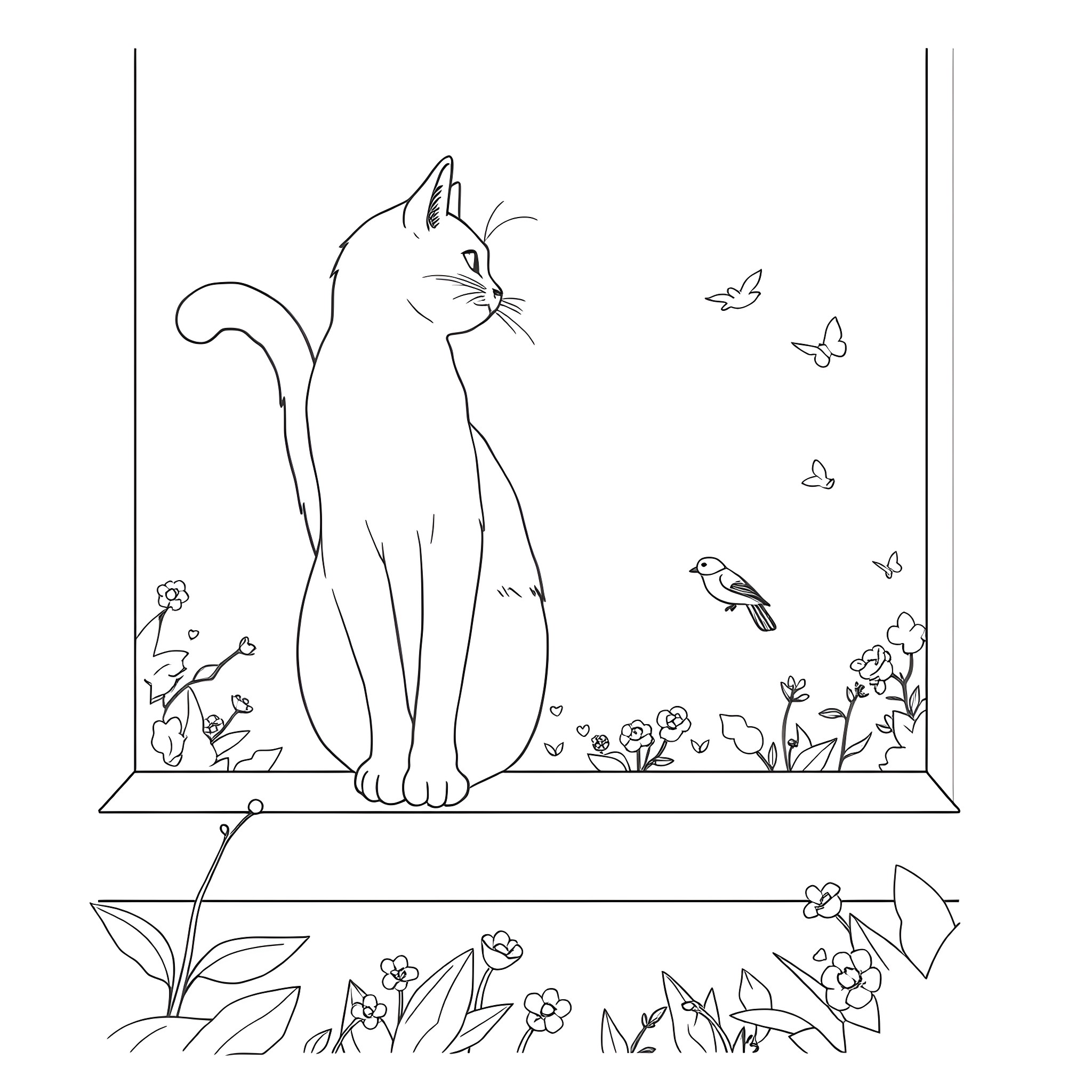 Cat observing butterflies and birds in a floral setting Coloring Page (free black-and-white line drawing printable PDF for all, from beginners to advanced learners, including children, teens, adults, and seniors)