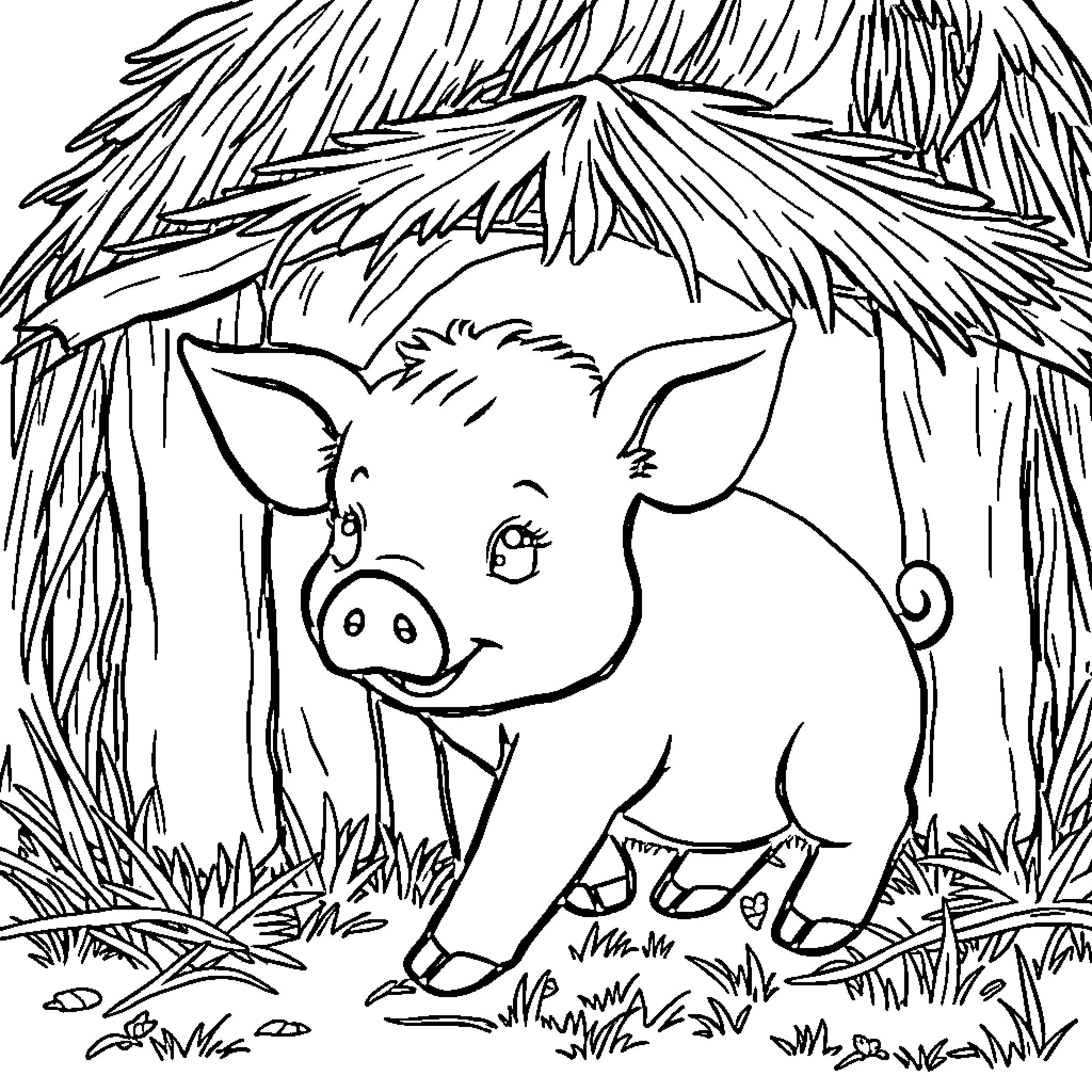 Piglet Exploring the Lush Jungle Habitat Coloring Page (free black-and-white line drawing printable PDF for all, from beginners to advanced learners, including children, teens, adults, and seniors)