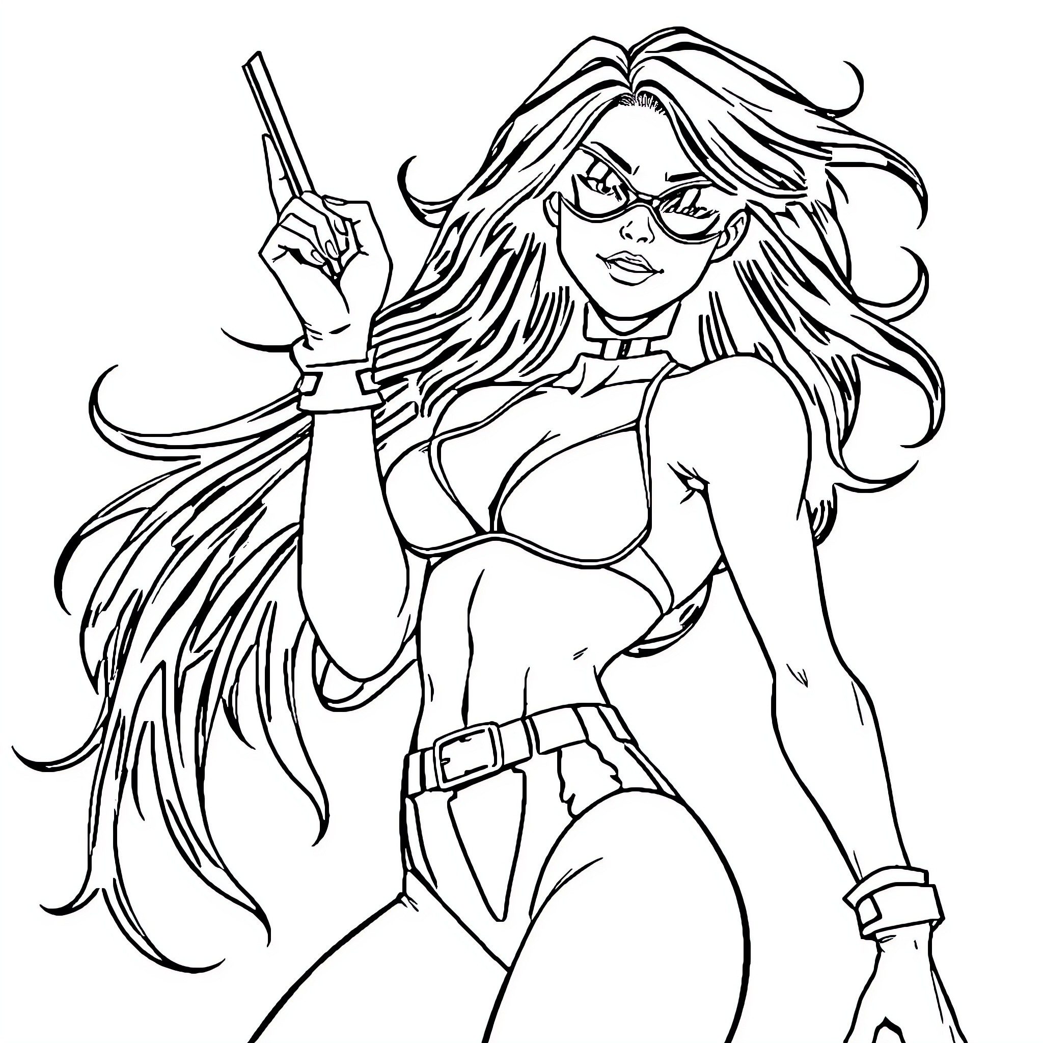 Rogue heroine wielding a weapon with determination Coloring Page (free black-and-white line drawing printable PDF for all, from beginners to advanced learners, including children, teens, adults, and seniors)