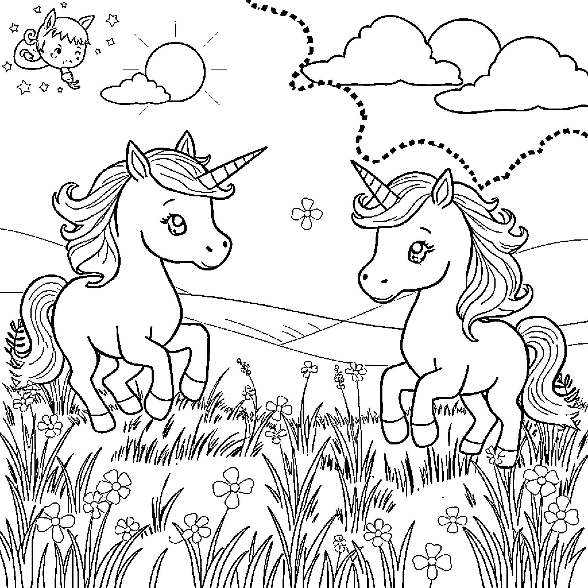 Unicorn friends exploring a magical meadow Coloring Page (free black-and-white line drawing printable PDF for all, from beginners to advanced learners, including children, teens, adults, and seniors)