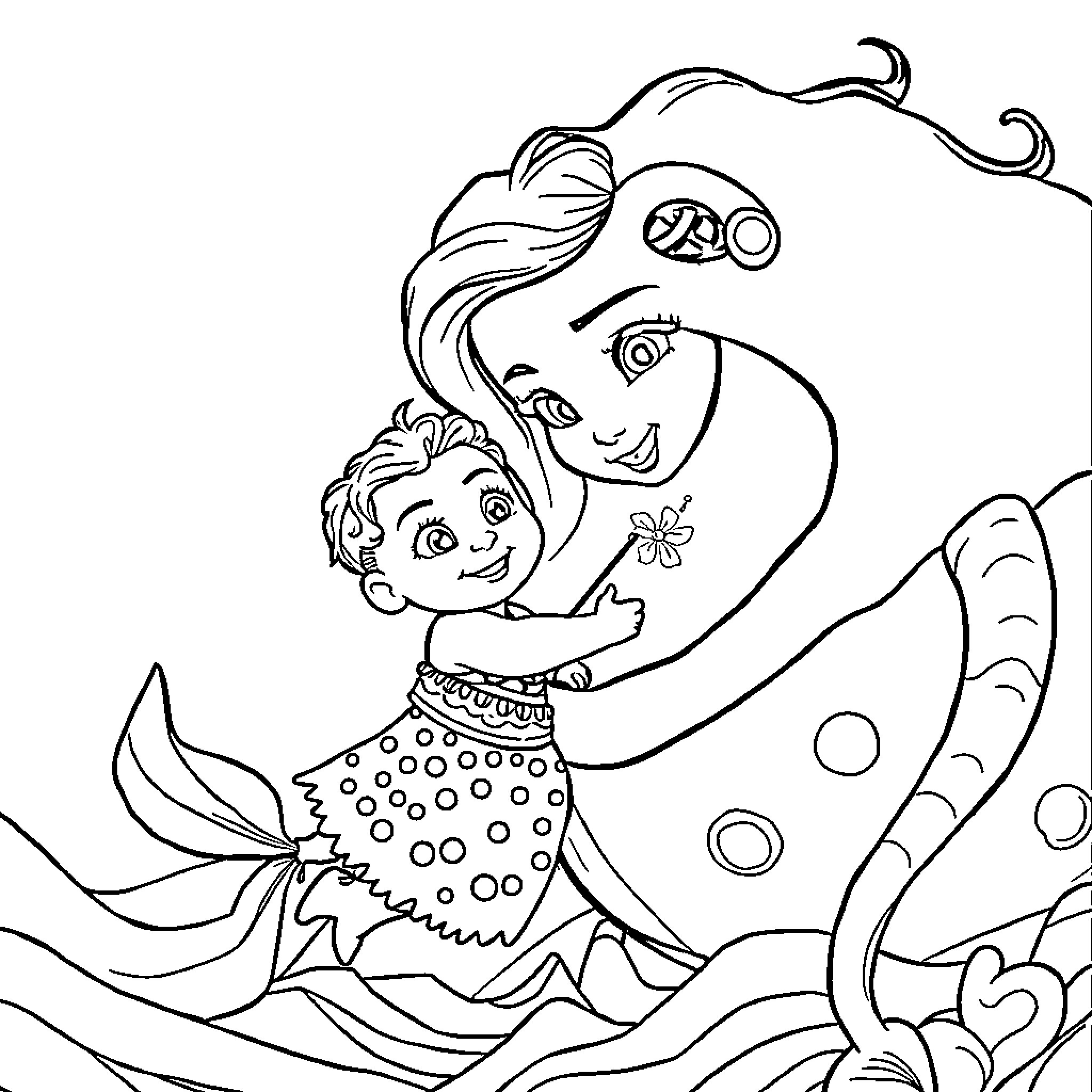 Moana embracing a sea creature underwater Coloring Page (free black-and-white line drawing printable PDF for all, from beginners to advanced learners, including children, teens, adults, and seniors)