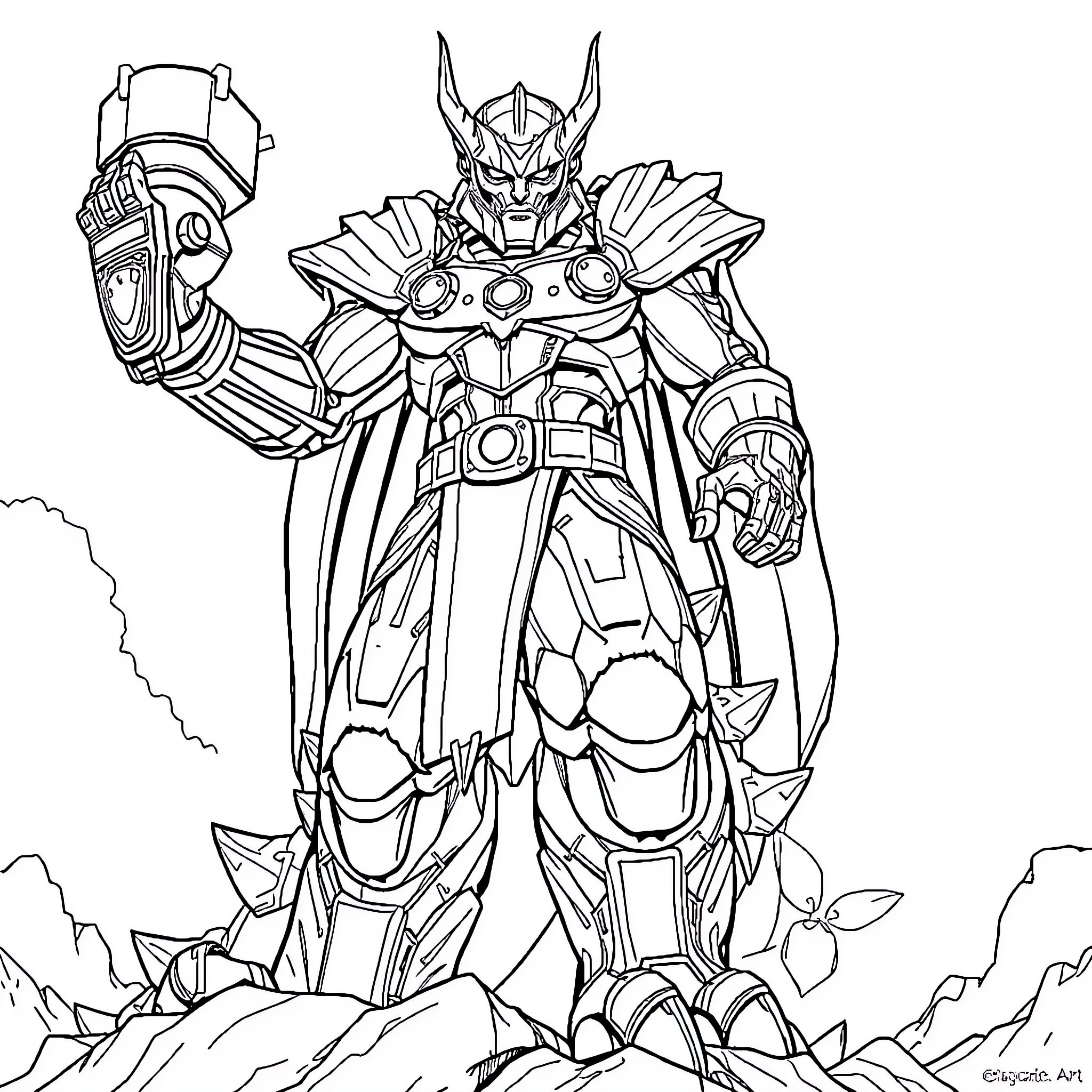 Cyborg Warrior Unleashing Powerful Abilities Coloring Page (free black-and-white line drawing printable PDF for all, from beginners to advanced learners, including children, teens, adults, and seniors)