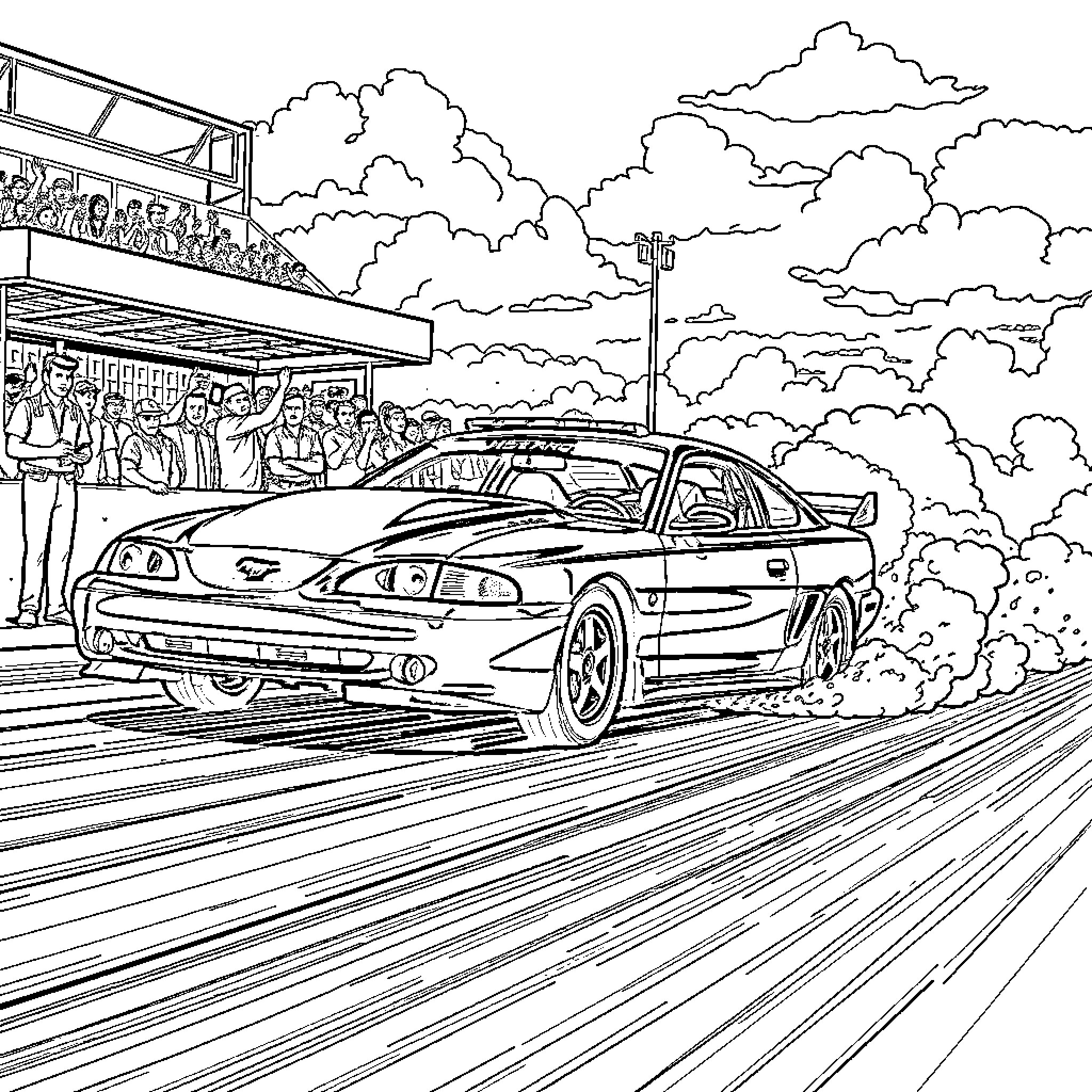 Ford Mustang racing on a track with spectators Coloring Page (free black-and-white line drawing printable PDF for all, from beginners to advanced learners, including children, teens, adults, and seniors)