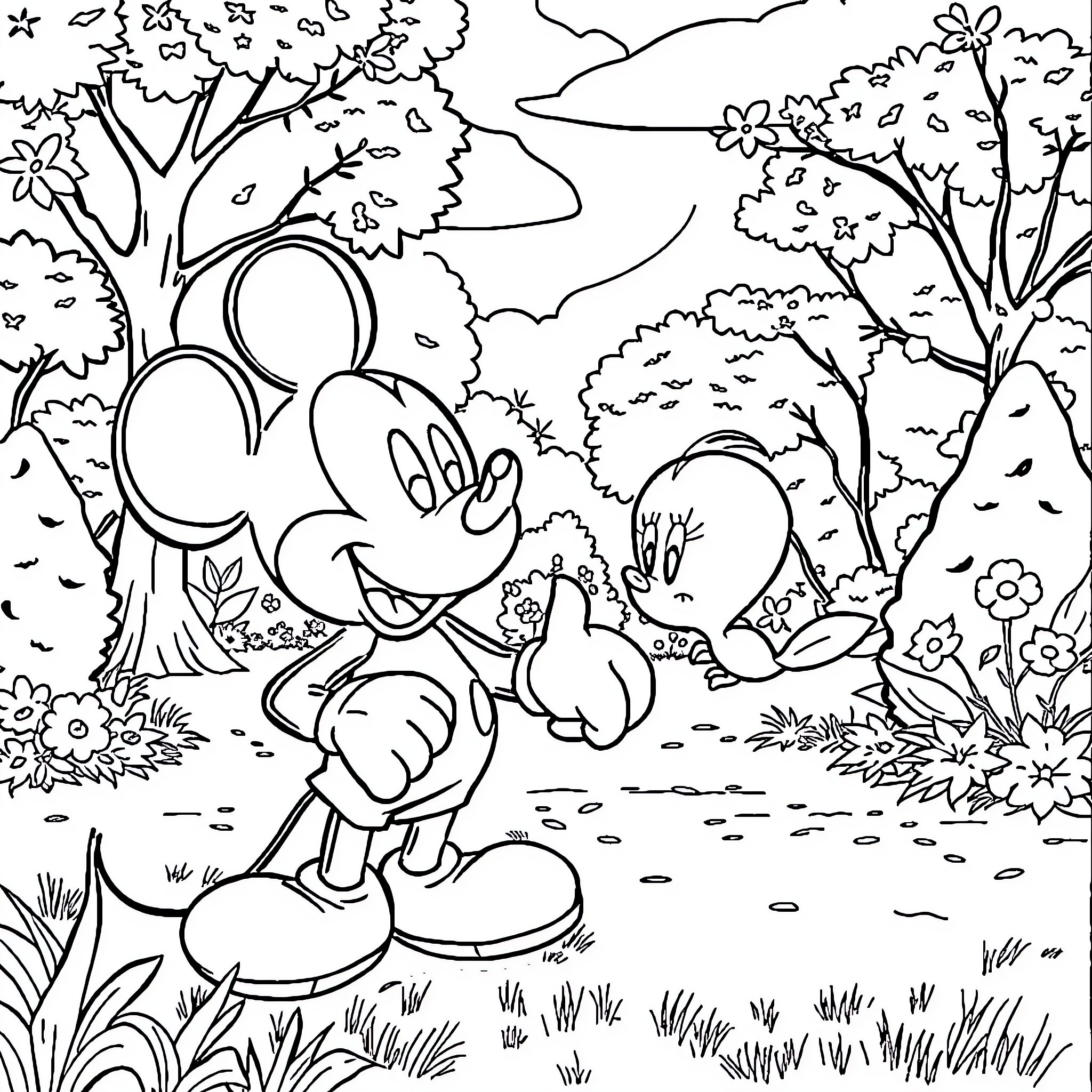 Mickey Mouse enjoying nature in the forest Coloring Page (free black-and-white line drawing printable PDF for all, from beginners to advanced learners, including children, teens, adults, and seniors)