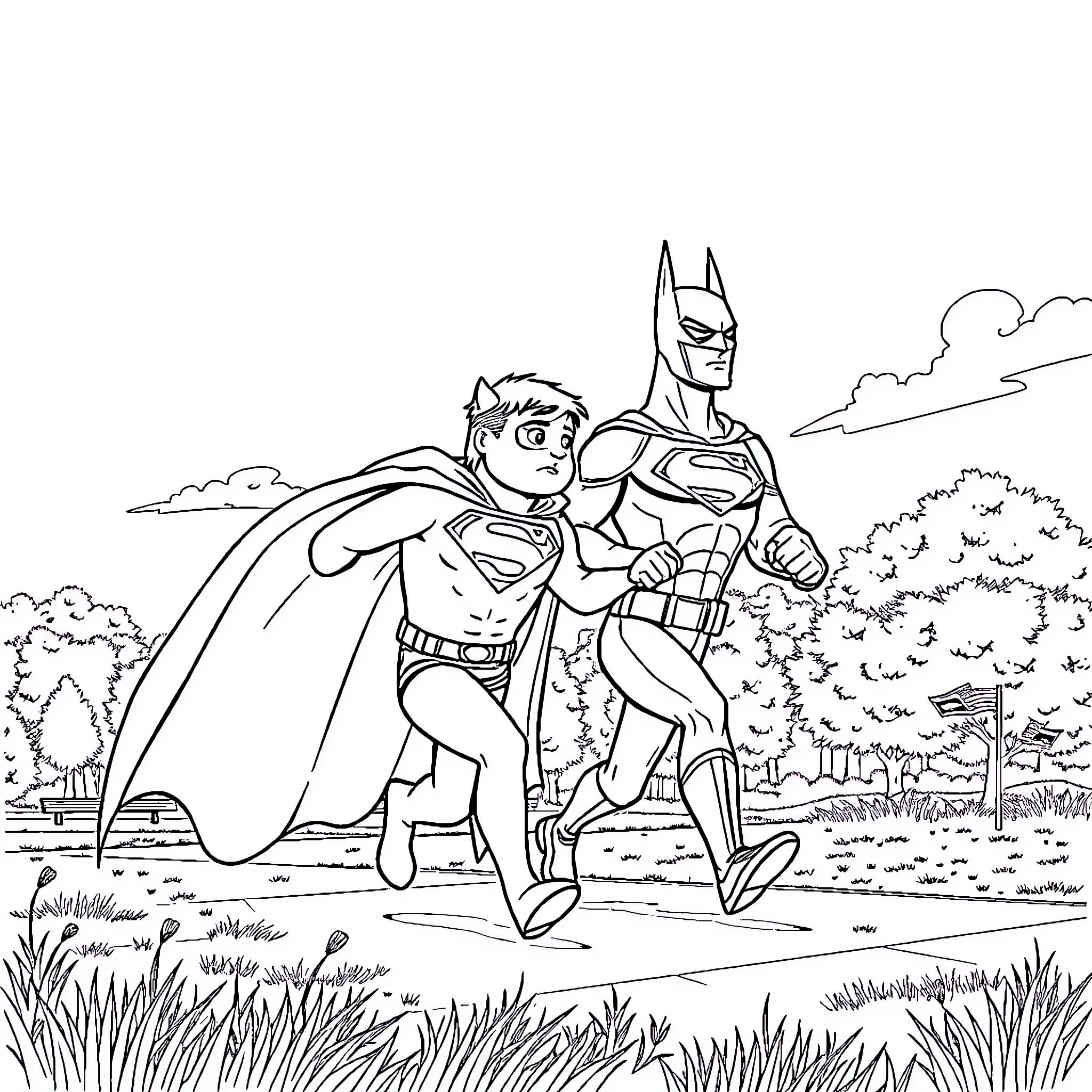 Perro superhéroes luchando por la justicia Coloring Page (free black-and-white line drawing printable PDF for all, from beginners to advanced learners, including children, teens, adults, and seniors)