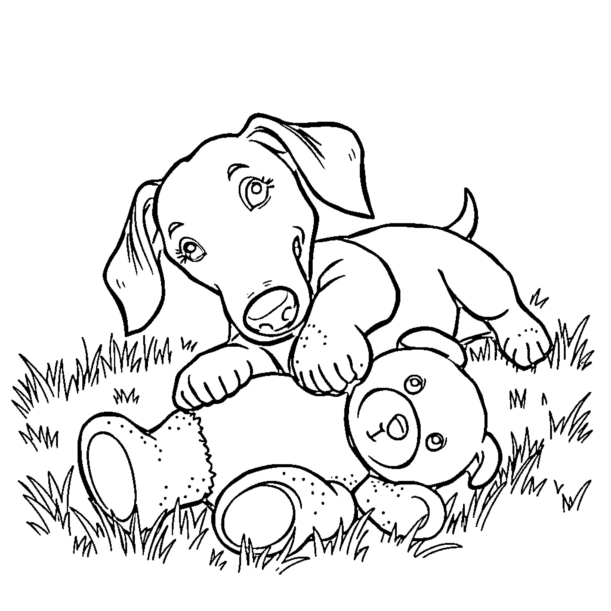 Dachshund playing with toys in the grass Coloring Page (free black-and-white line drawing printable PDF for all, from beginners to advanced learners, including children, teens, adults, and seniors)