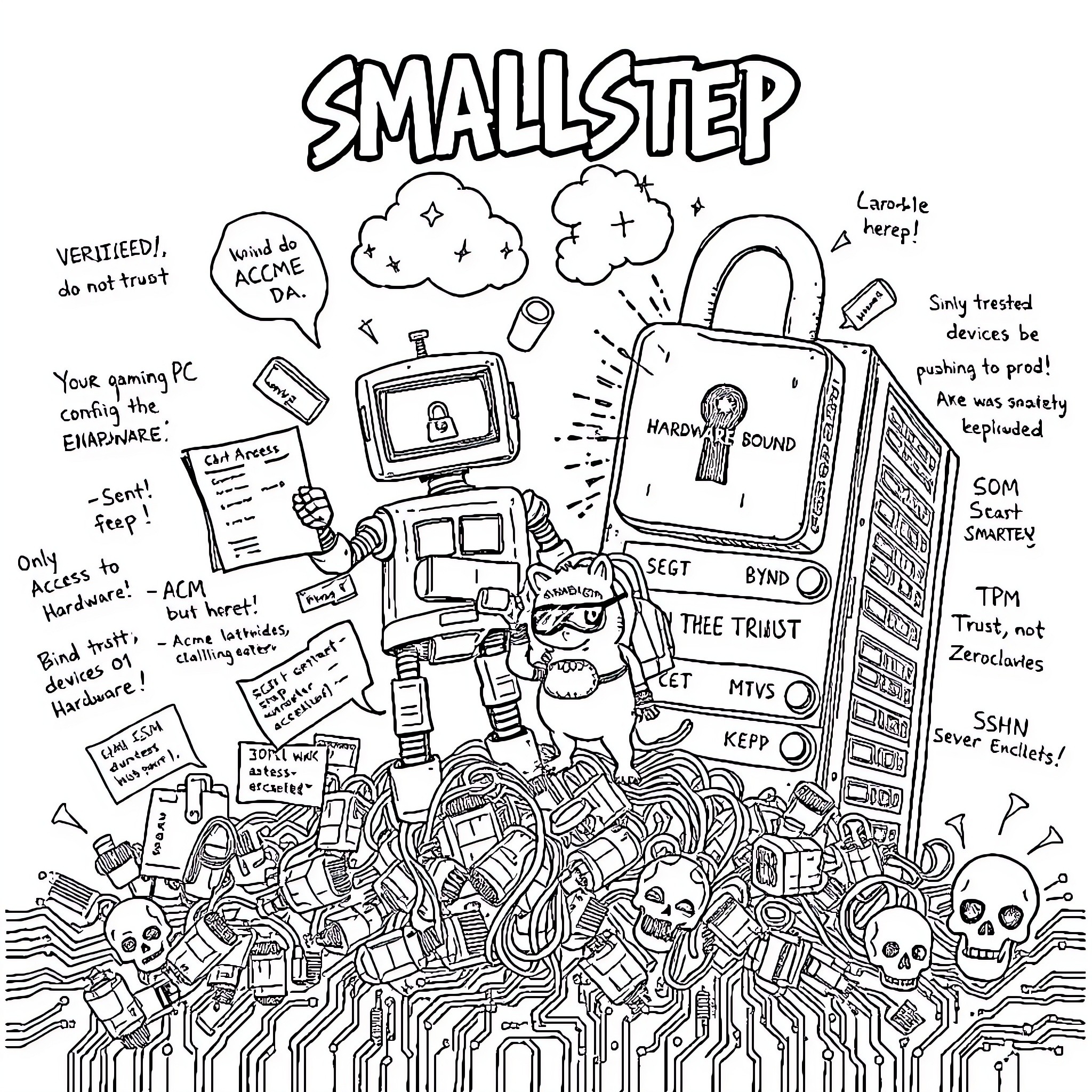 Robot navigating through a tech-filled landscape Coloring Page (free black-and-white line drawing printable PDF for all, from beginners to advanced learners, including children, teens, adults, and seniors)
