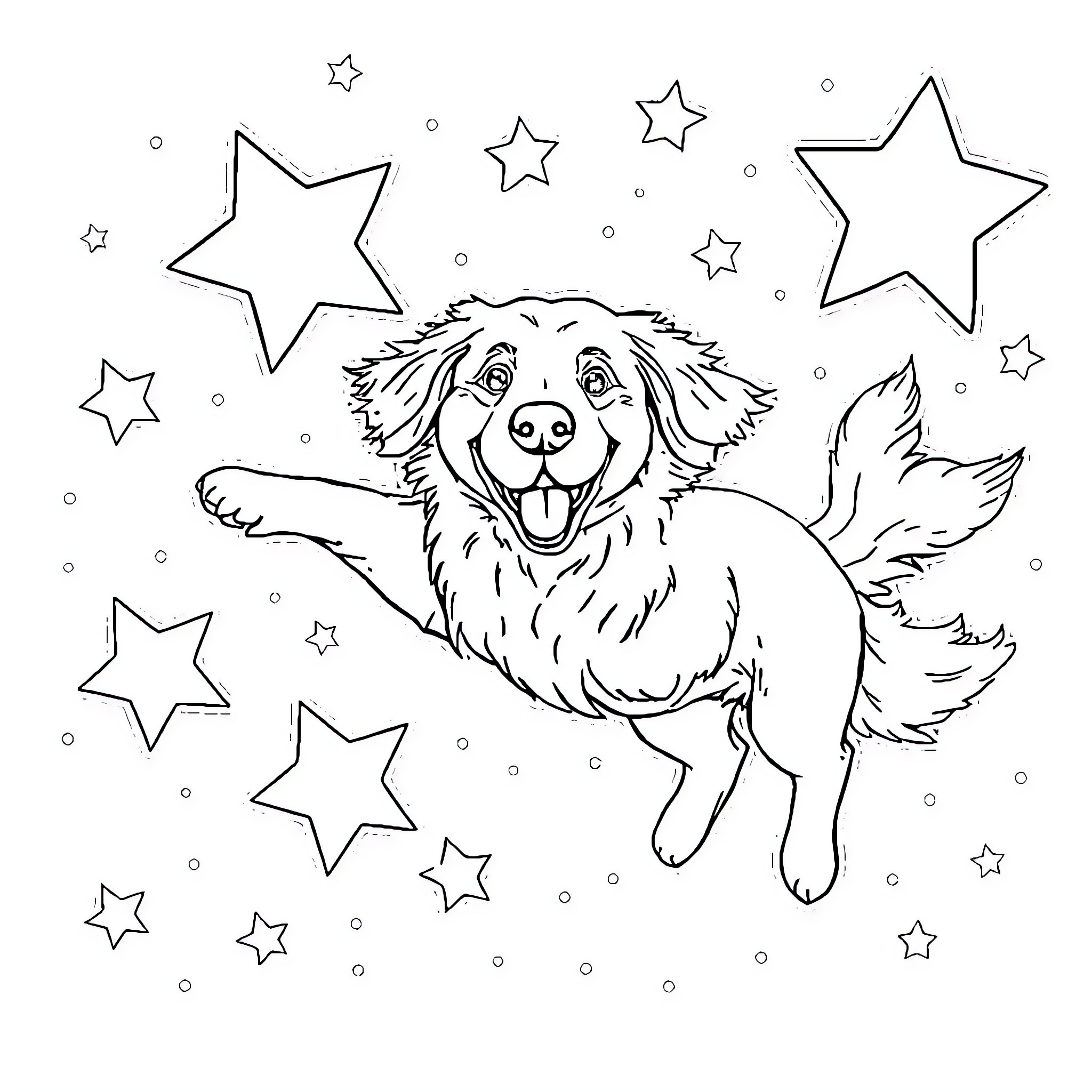 Golden Retriever frolicking among the stars Coloring Page (free black-and-white line drawing printable PDF for all, from beginners to advanced learners, including children, teens, adults, and seniors)
