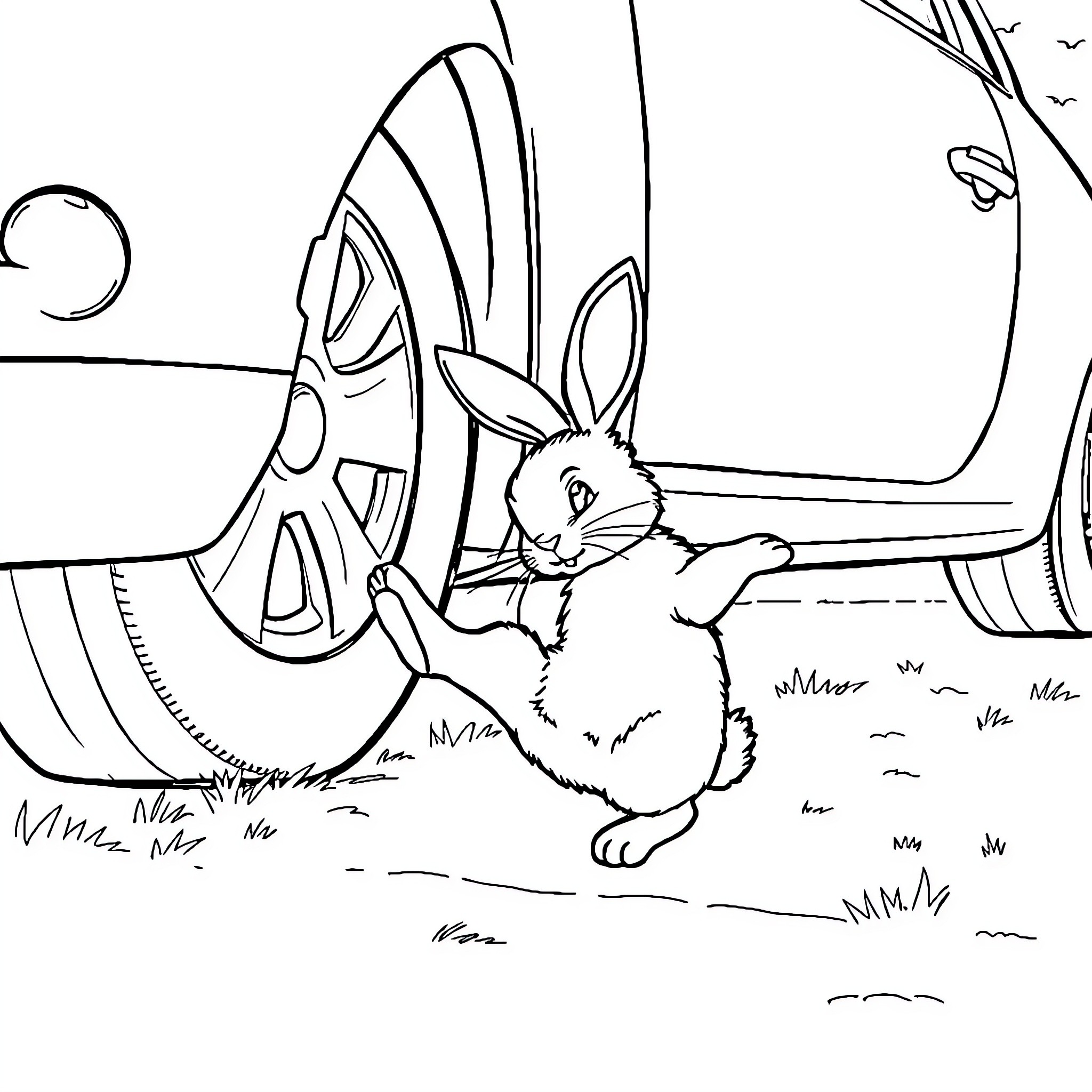Bunny peeking out from under a vehicle Coloring Page (free black-and-white line drawing printable PDF for all, from beginners to advanced learners, including children, teens, adults, and seniors)