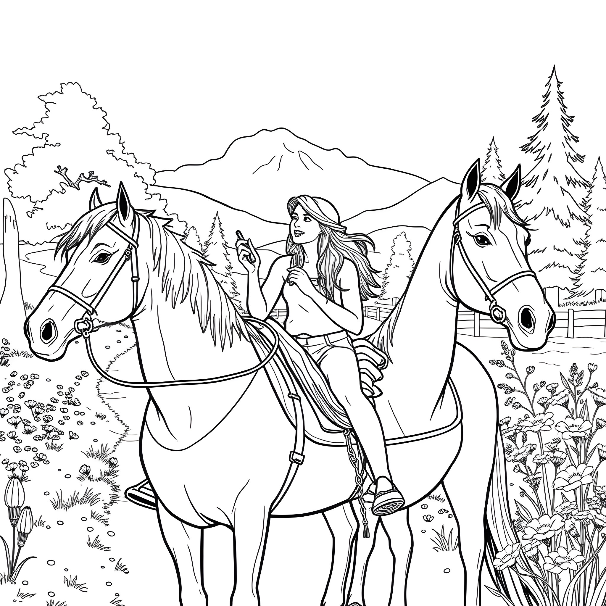Horse riding in a picturesque mountain landscape Coloring Page (free black-and-white line drawing printable PDF for all, from beginners to advanced learners, including children, teens, adults, and seniors)