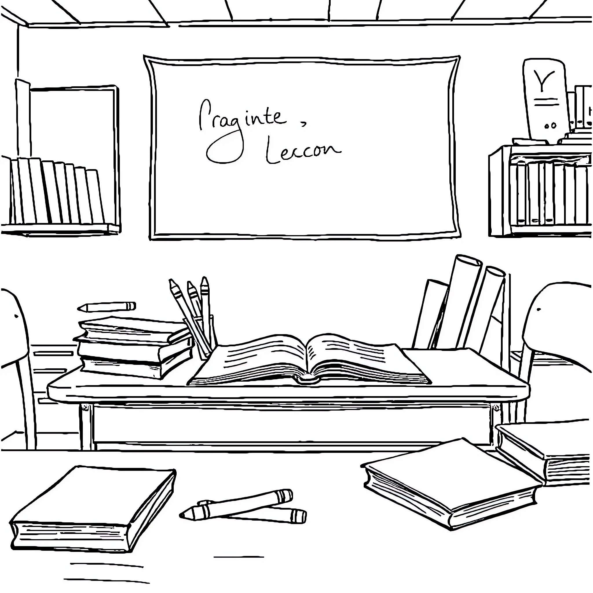 Cahier: Student's Workspace with Learning Supplies Coloring Page (free black-and-white line drawing printable PDF for all, from beginners to advanced learners, including children, teens, adults, and seniors)