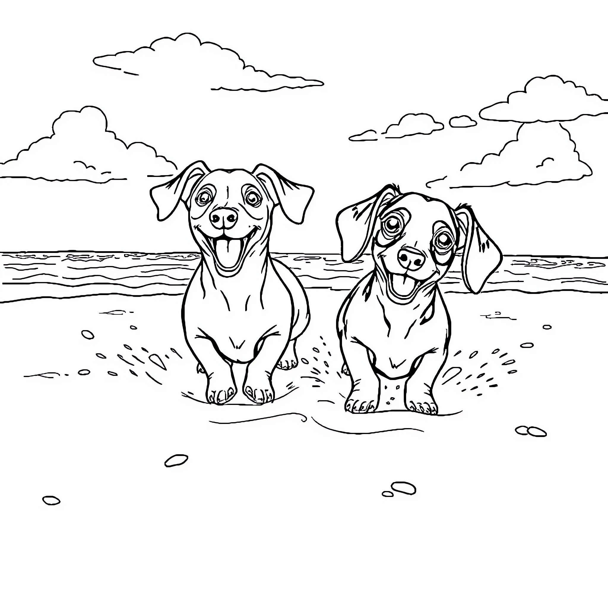 Dachshund dogs playing happily at the beach Coloring Page (free black-and-white line drawing printable PDF for all, from beginners to advanced learners, including children, teens, adults, and seniors)
