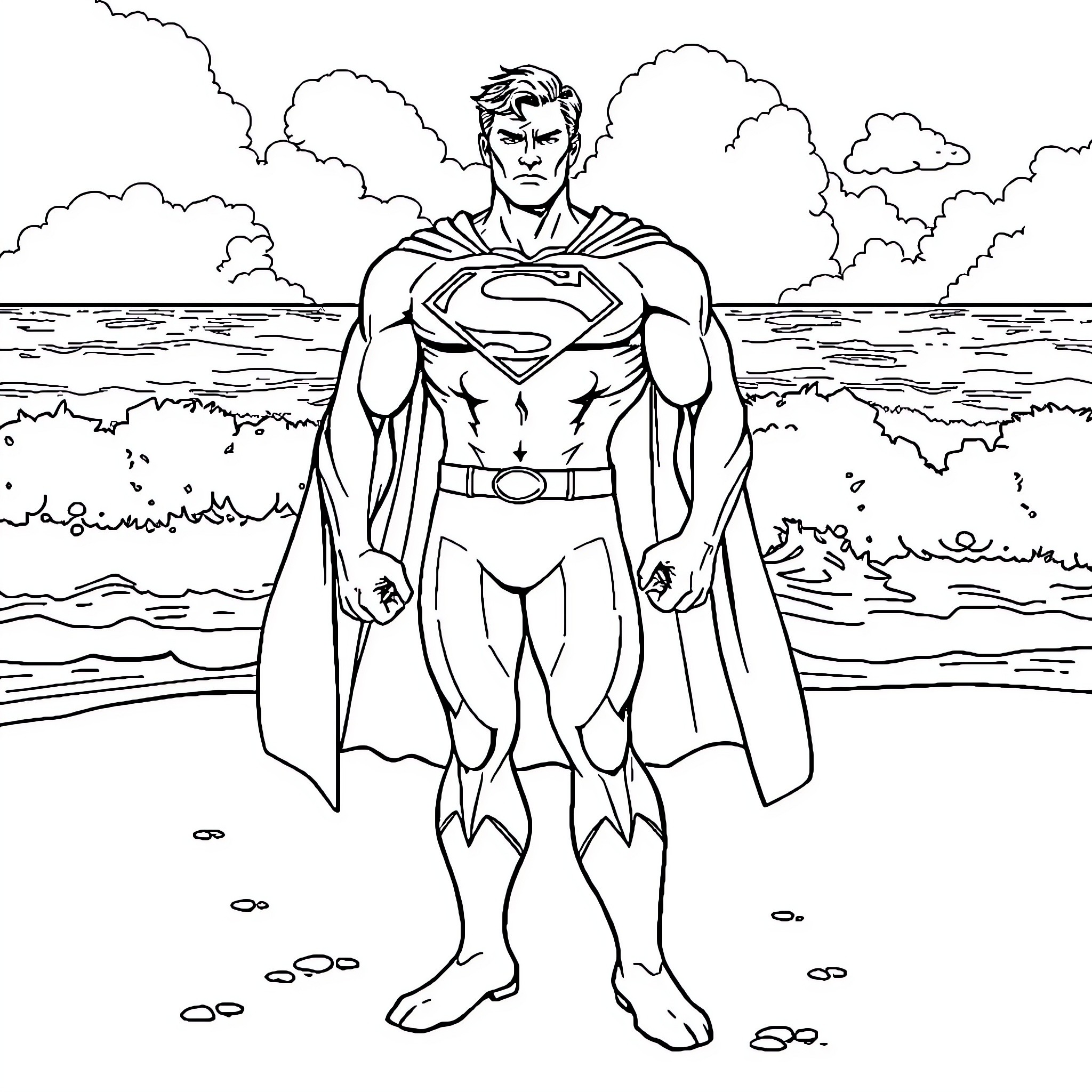 Superman standing heroically on the beach Coloring Page (free black-and-white line drawing printable PDF for all, from beginners to advanced learners, including children, teens, adults, and seniors)