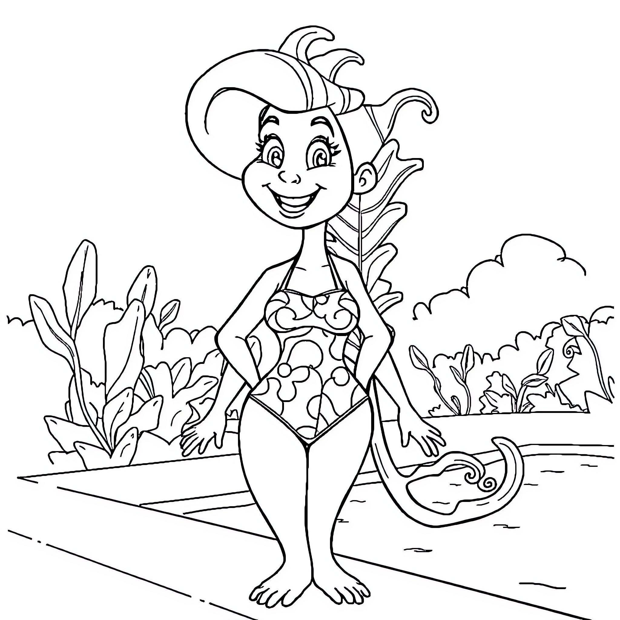 Fern happy mermaid exploring underwater garden Coloring Page (free black-and-white line drawing printable PDF for all, from beginners to advanced learners, including children, teens, adults, and seniors)