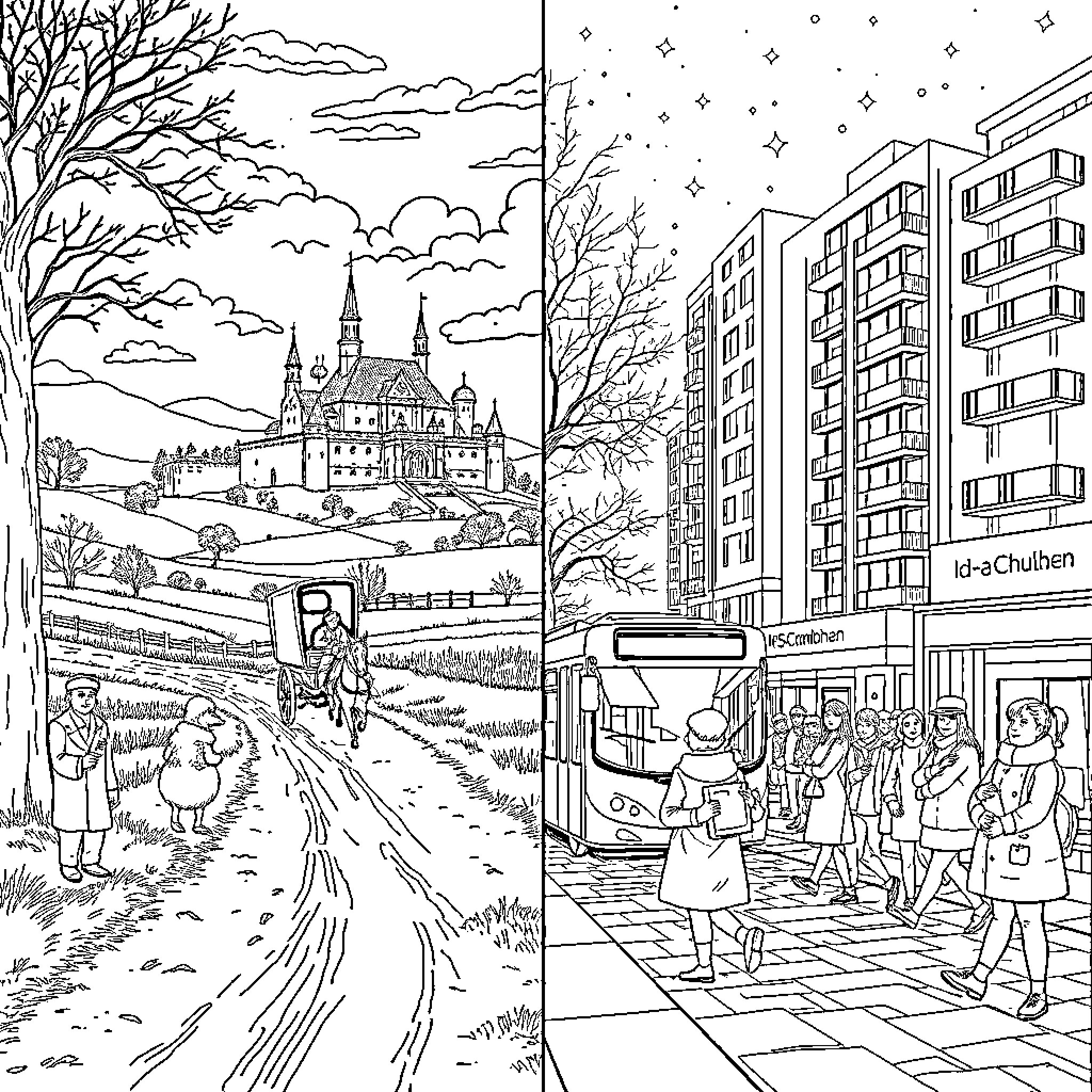 Andersen's Contrast: Village and City Landscapes Coloring Page (free black-and-white line drawing printable PDF for all, from beginners to advanced learners, including children, teens, adults, and seniors)