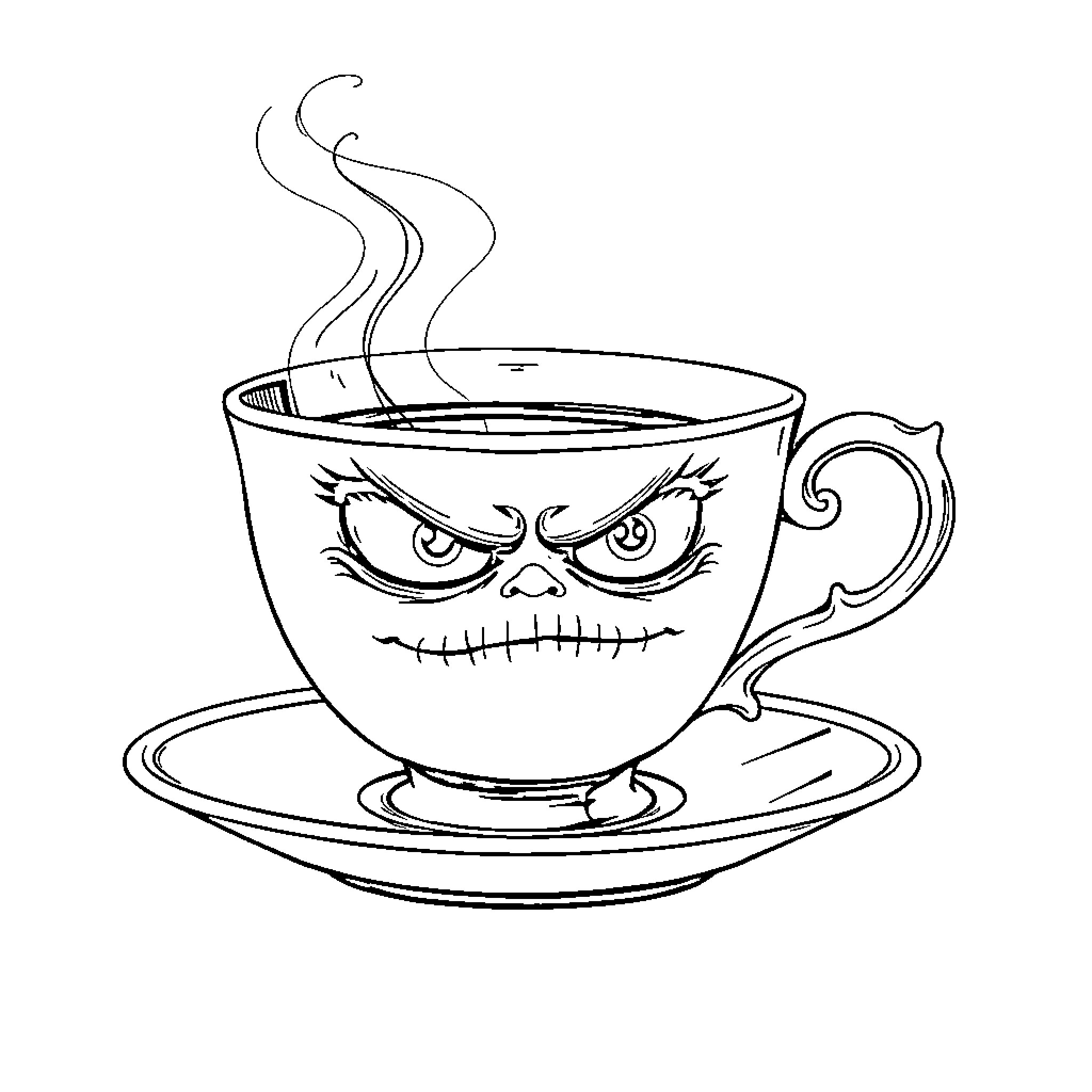 Tea Cup with Angry Expression Coloring Page (free black-and-white line drawing printable PDF for all, from beginners to advanced learners, including children, teens, adults, and seniors)