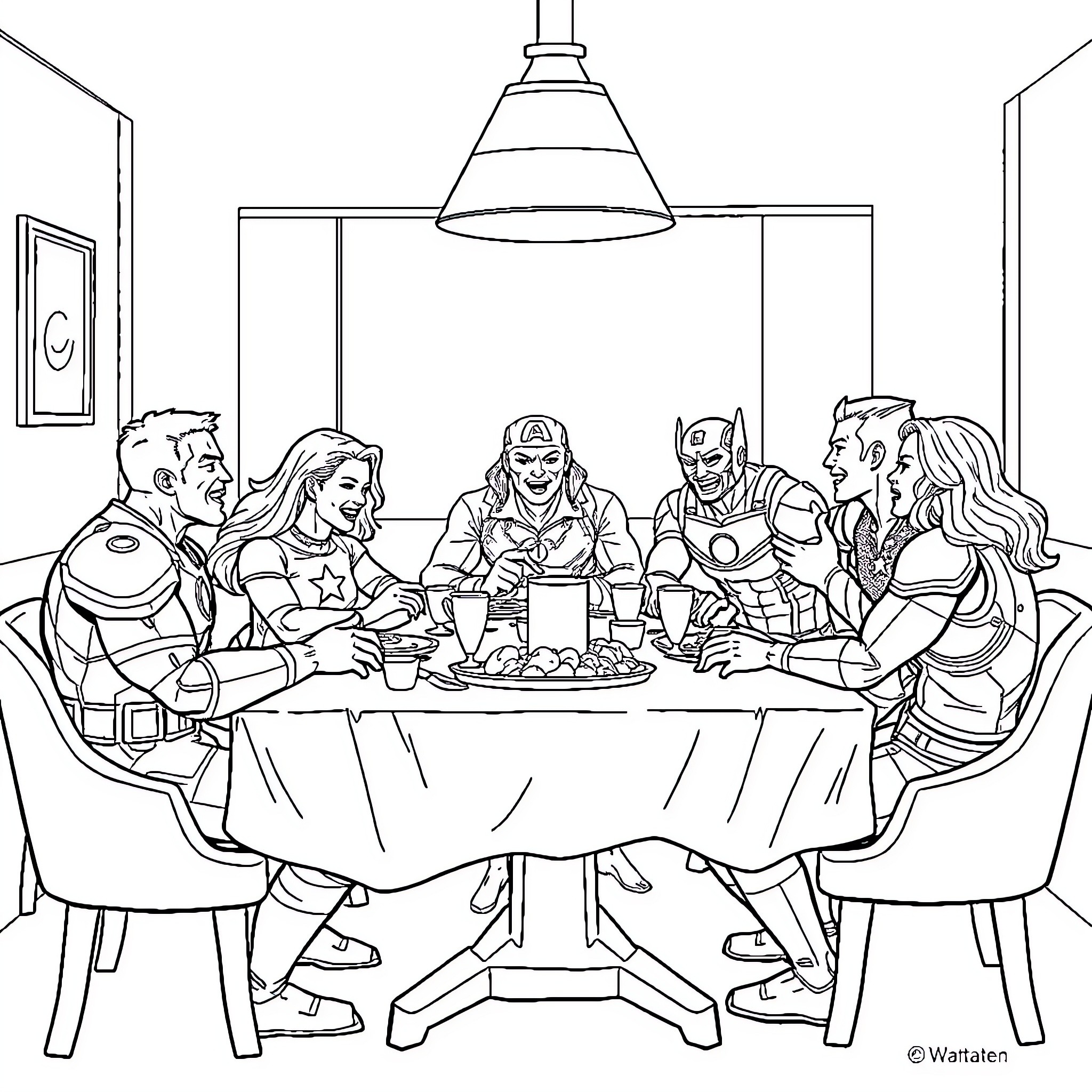 Avengers Assembling for a Meal Together Coloring Page (free black-and-white line drawing printable PDF for all, from beginners to advanced learners, including children, teens, adults, and seniors)