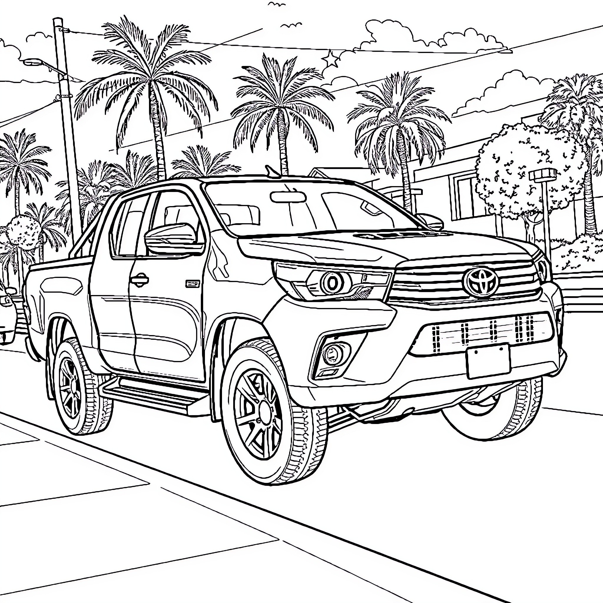Toyota Pickup Truck in Tropical Landscape Coloring Page (free black-and-white line drawing printable PDF for all, from beginners to advanced learners, including children, teens, adults, and seniors)