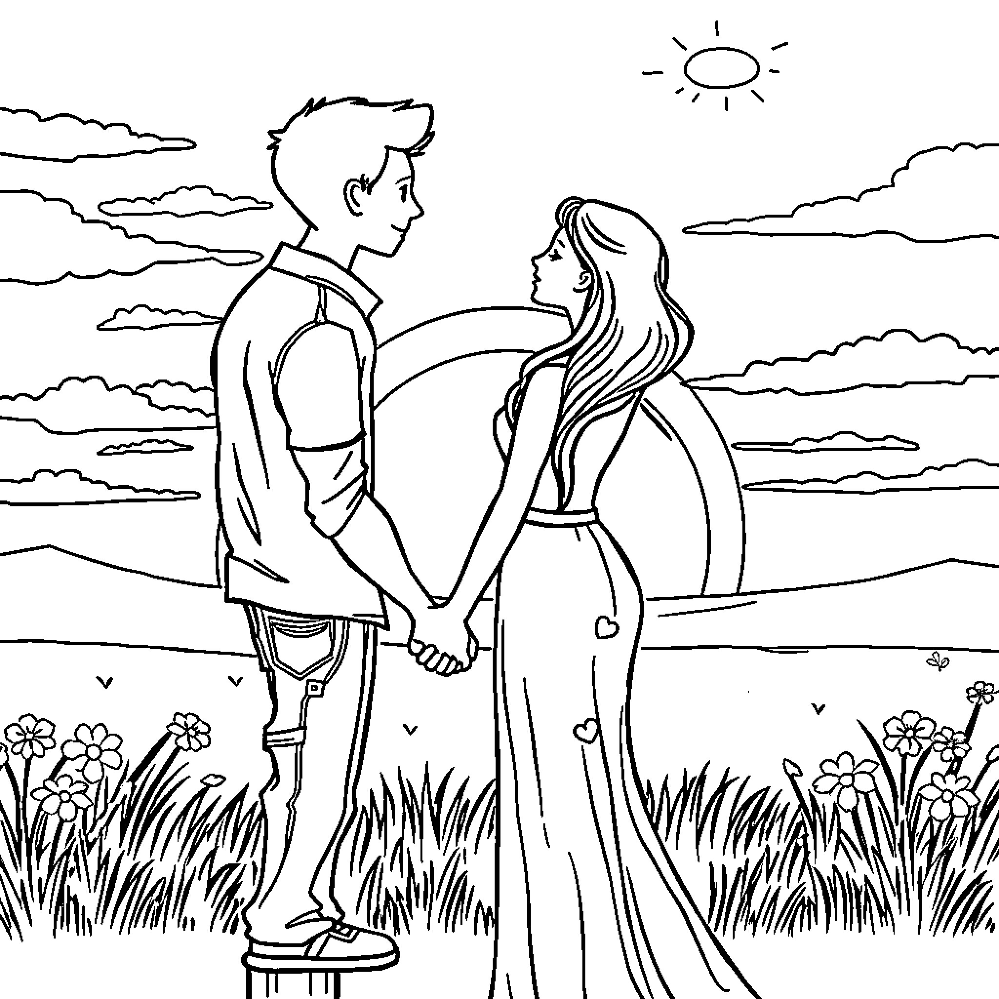 Couple enjoying romantic moment in scenic nature Coloring Page (free black-and-white line drawing printable PDF for all, from beginners to advanced learners, including children, teens, adults, and seniors)