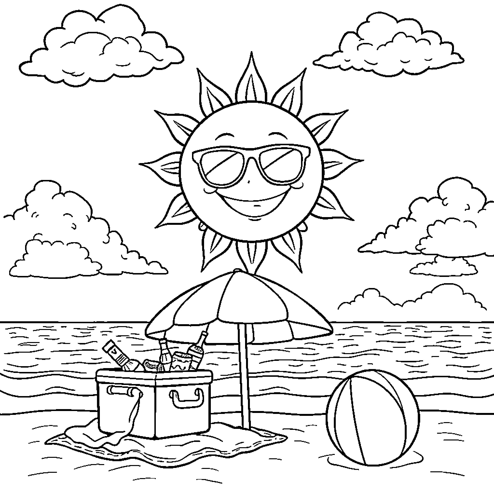 Sun shining brightly on the beach scene Coloring Page (free black-and-white line drawing printable PDF for all, from beginners to advanced learners, including children, teens, adults, and seniors)