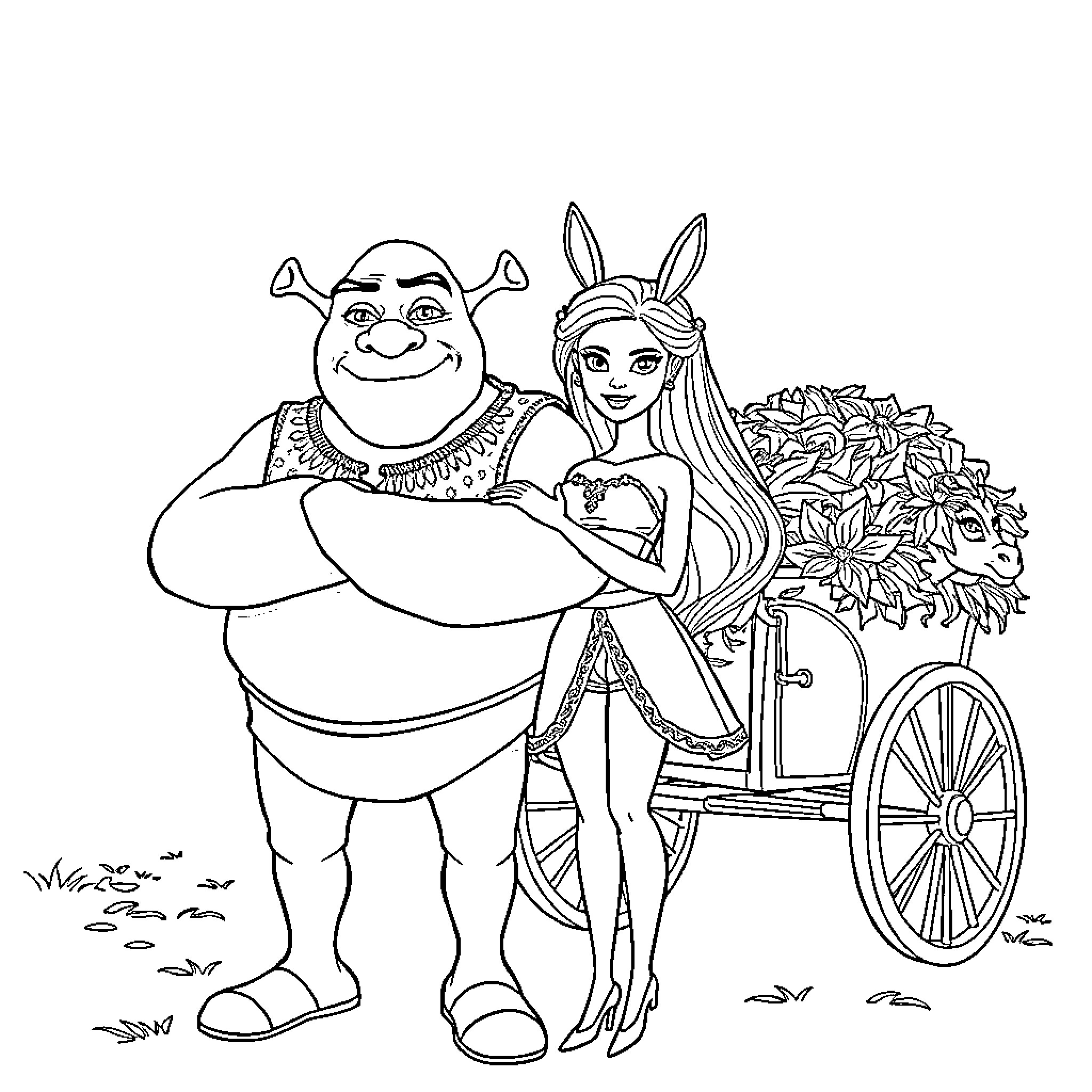 Shrek and Princess enjoying a flower-filled ride Coloring Page (free black-and-white line drawing printable PDF for all, from beginners to advanced learners, including children, teens, adults, and seniors)