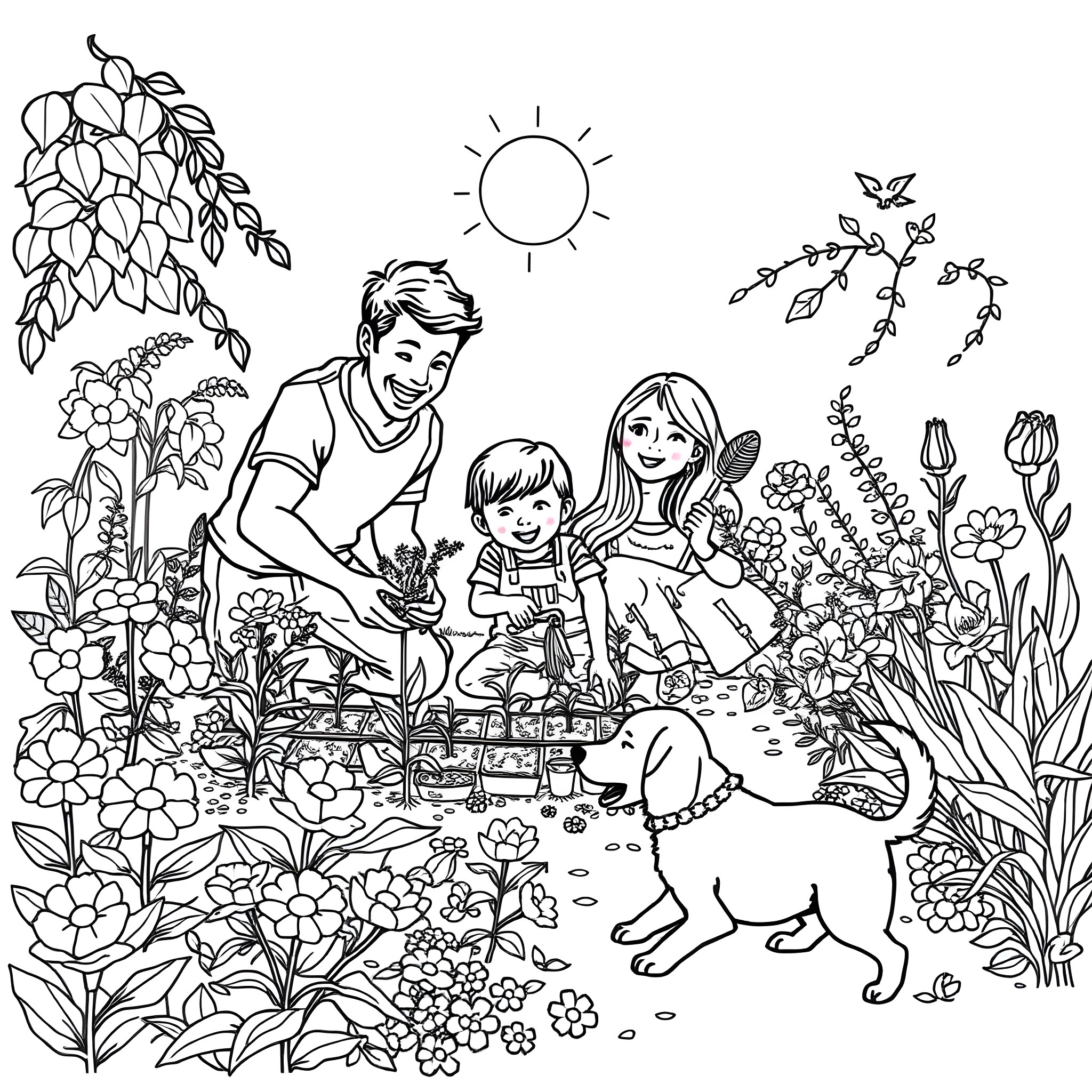 Family Enjoying a Picnic in the Floral Garden Coloring Page (free black-and-white line drawing printable PDF for all, from beginners to advanced learners, including children, teens, adults, and seniors)