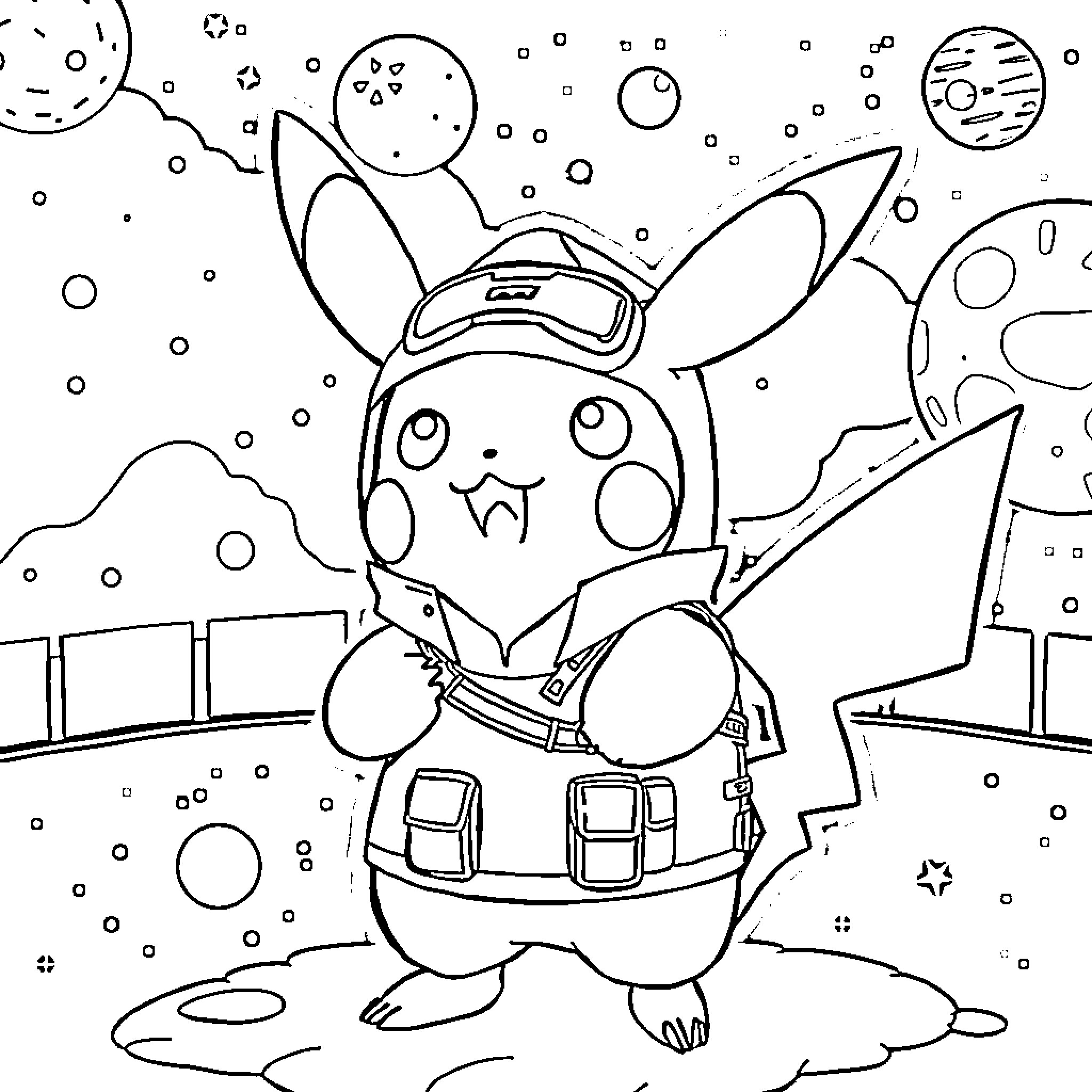 Pikachu exploring the galaxy in a spacesuit Coloring Page (free black-and-white line drawing printable PDF for all, from beginners to advanced learners, including children, teens, adults, and seniors)