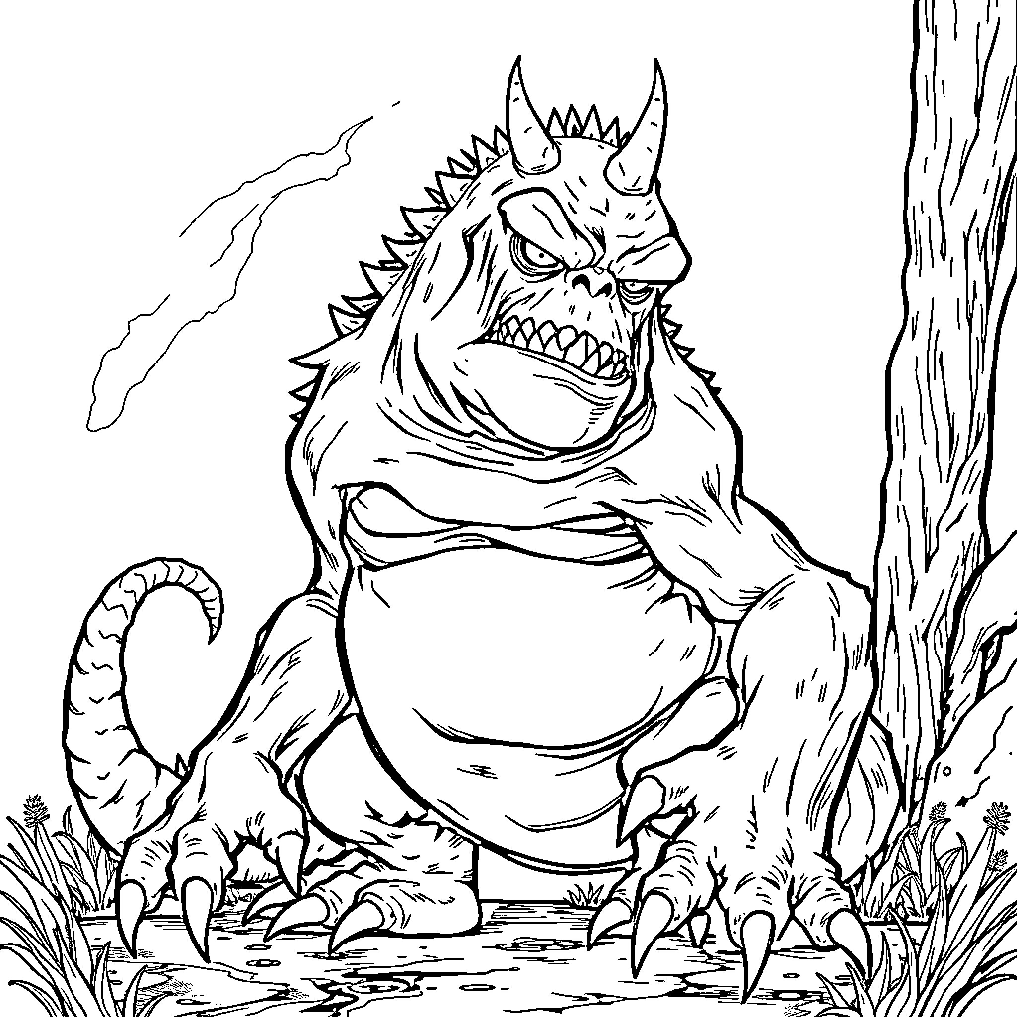 Monster growling fiercely in the wilderness Coloring Page (free black-and-white line drawing printable PDF for all, from beginners to advanced learners, including children, teens, adults, and seniors)