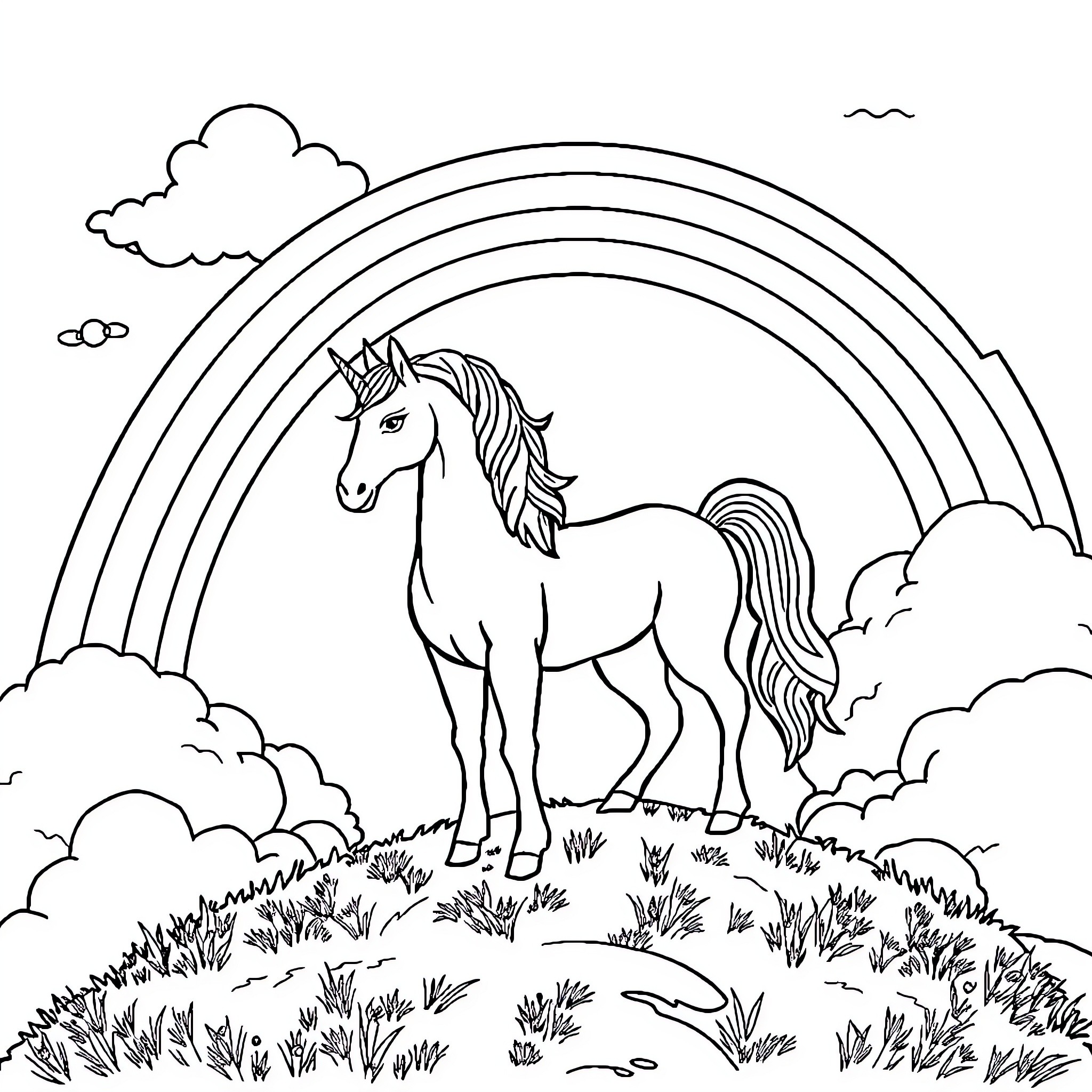 Unicorn standing majestically beneath a rainbow Coloring Page (free black-and-white line drawing printable PDF for all, from beginners to advanced learners, including children, teens, adults, and seniors)