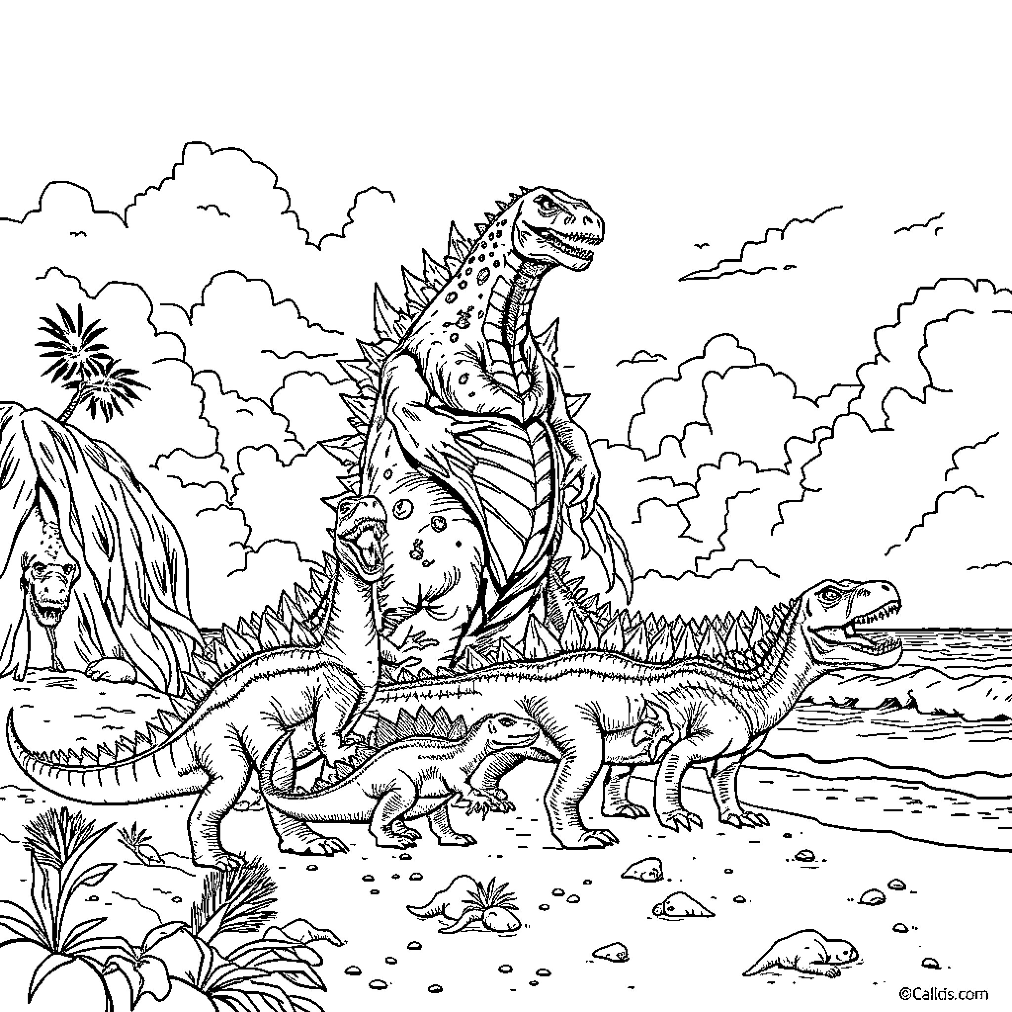 Godzilla and Dinosaur Family Gathering in Prehistoric Landscape Coloring Page (free black-and-white line drawing printable PDF for all, from beginners to advanced learners, including children, teens, adults, and seniors)
