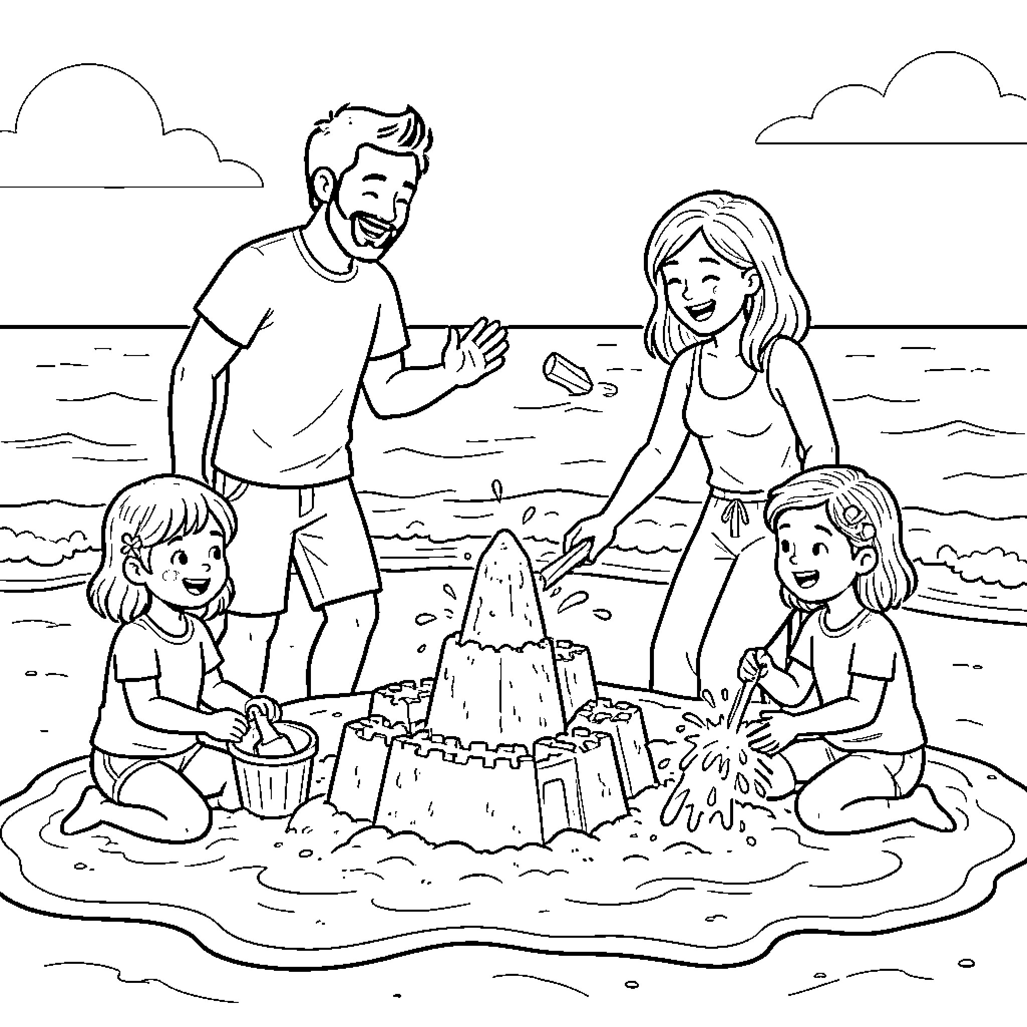 Family building a large sandcastle on the beach Coloring Page (free black-and-white line drawing printable PDF for all, from beginners to advanced learners, including children, teens, adults, and seniors)