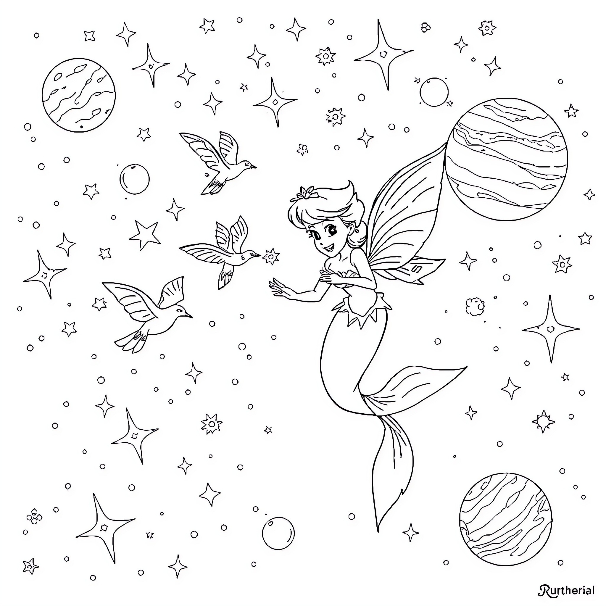 Ariel's Cosmic Adventure Coloring Page (free black-and-white line drawing printable PDF for all, from beginners to advanced learners, including children, teens, adults, and seniors)