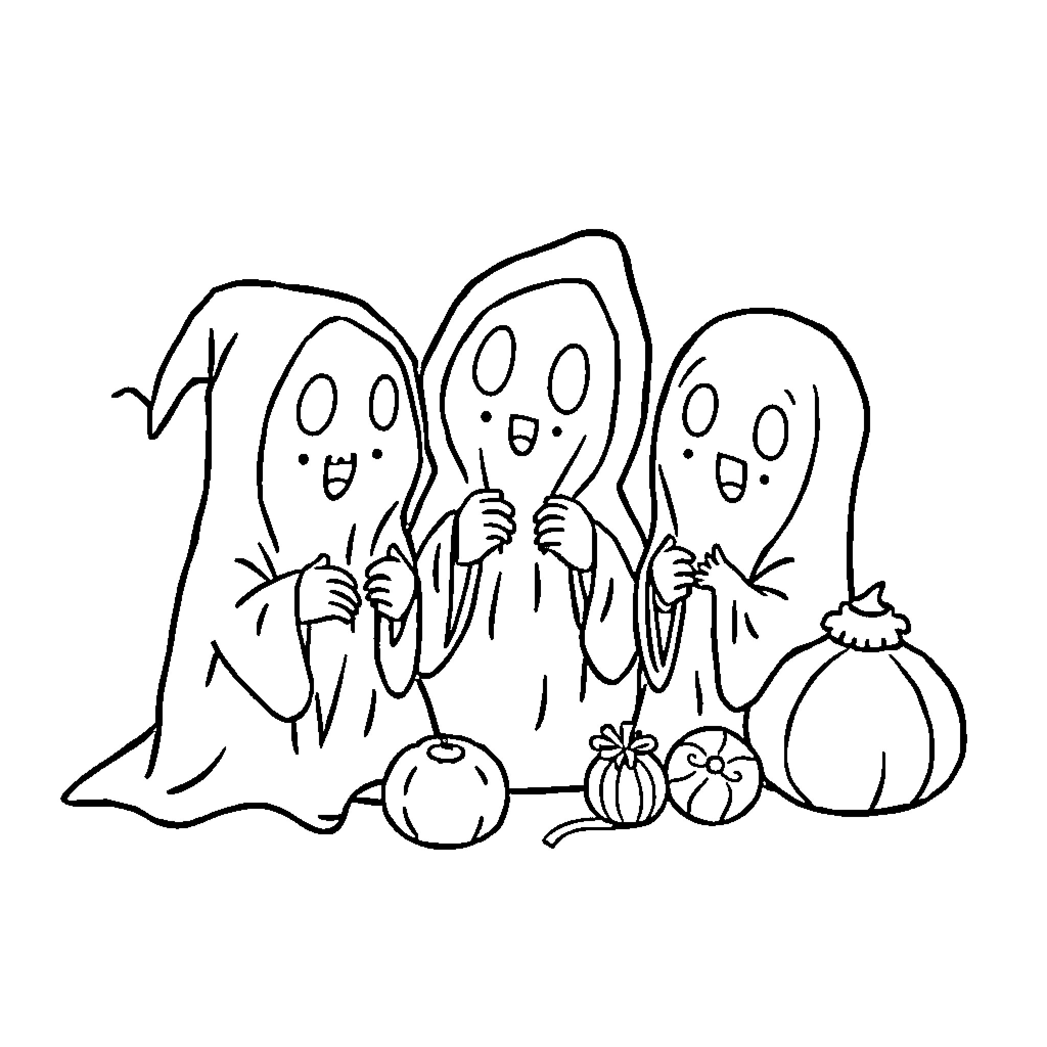 Ghost friends celebrating Halloween with pumpkins Coloring Page (free black-and-white line drawing printable PDF for all, from beginners to advanced learners, including children, teens, adults, and seniors)